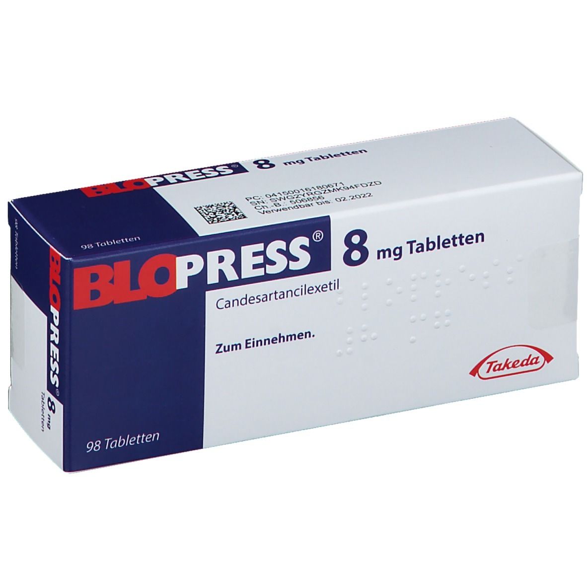 Schachtel mit BLOPRESS 8 mg Tabletten. Aufschrift: Candesartancilexetil, 98 Tabletten. Takeda Logo.