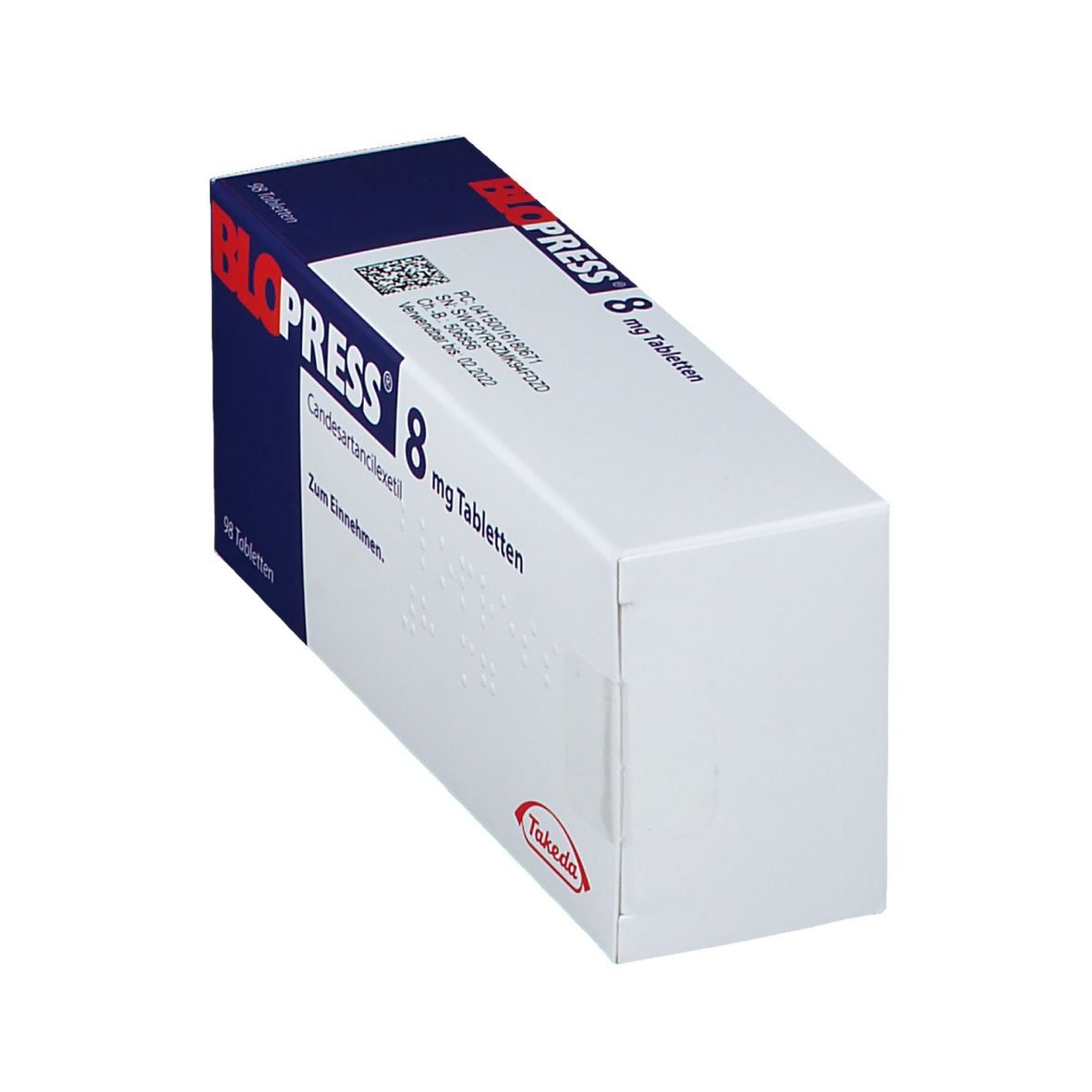 Schachtel BLOPRESS 8 mg Tabletten, seitliche Ansicht. Aufschrift: Candesartancilexetil, 98 Tabletten. Takeda Logo.