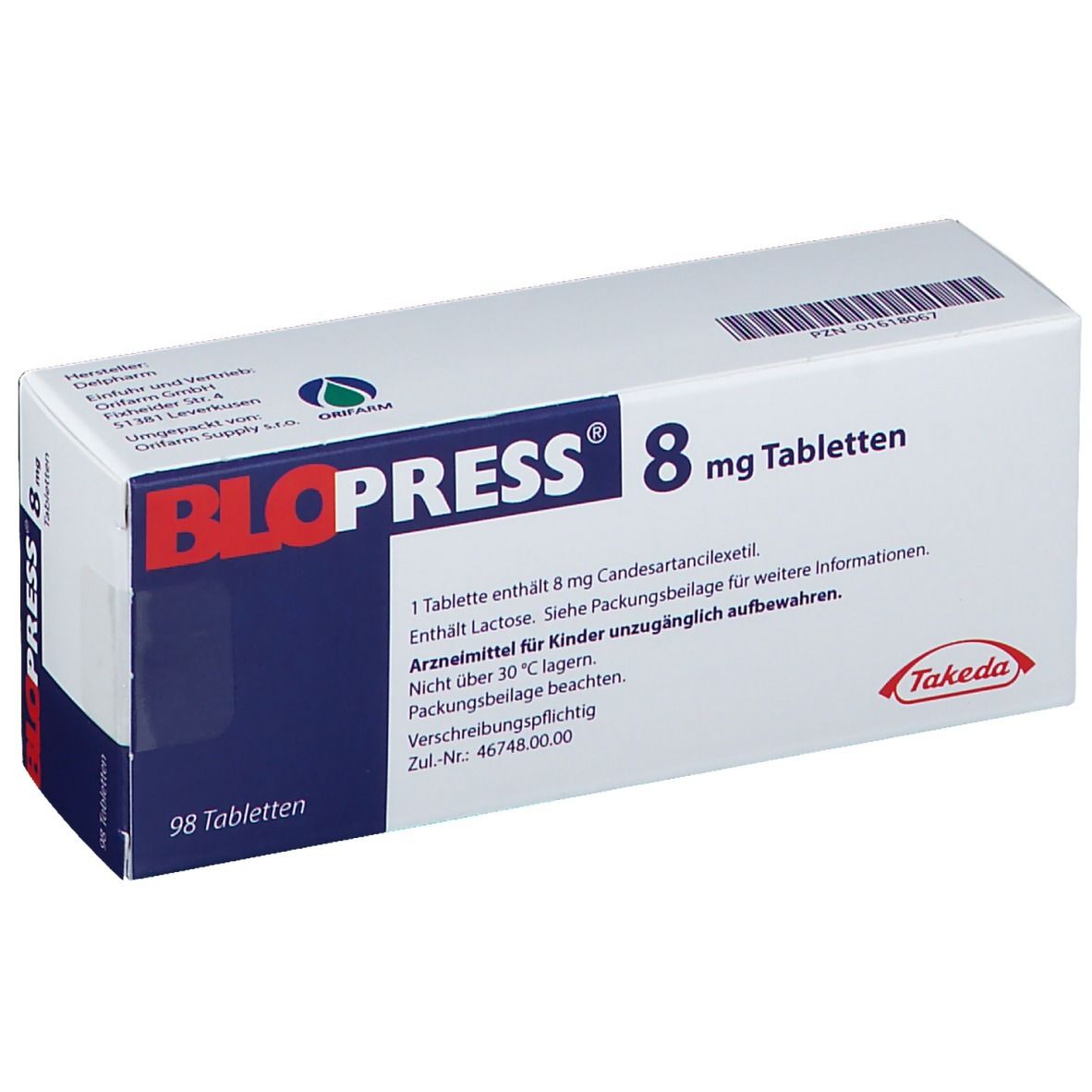 Schachtel BLOPRESS 8 mg Tabletten. Aufschrift: Candesartancilexetil, 98 Tabletten. Takeda Logo. Oben links: Logo.