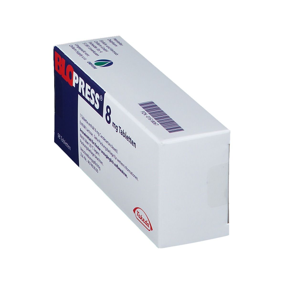 Schachtel BLOPRESS 8 mg Tabletten, seitliche Ansicht. Aufschrift: Candesartancilexetil, 98 Tabletten. Takeda Logo. Oben links: Logo.