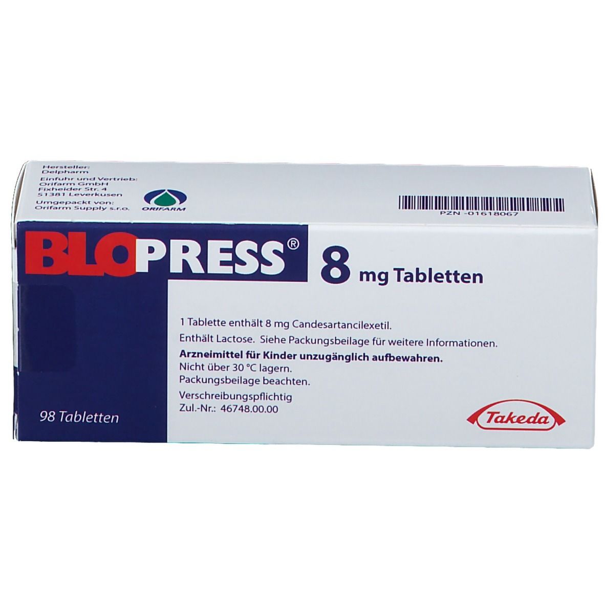 Schachtel BLOPRESS 8 mg Tabletten. Aufschrift: Candesartancilexetil, 98 Tabletten. Takeda Logo. Oben links: Logo.