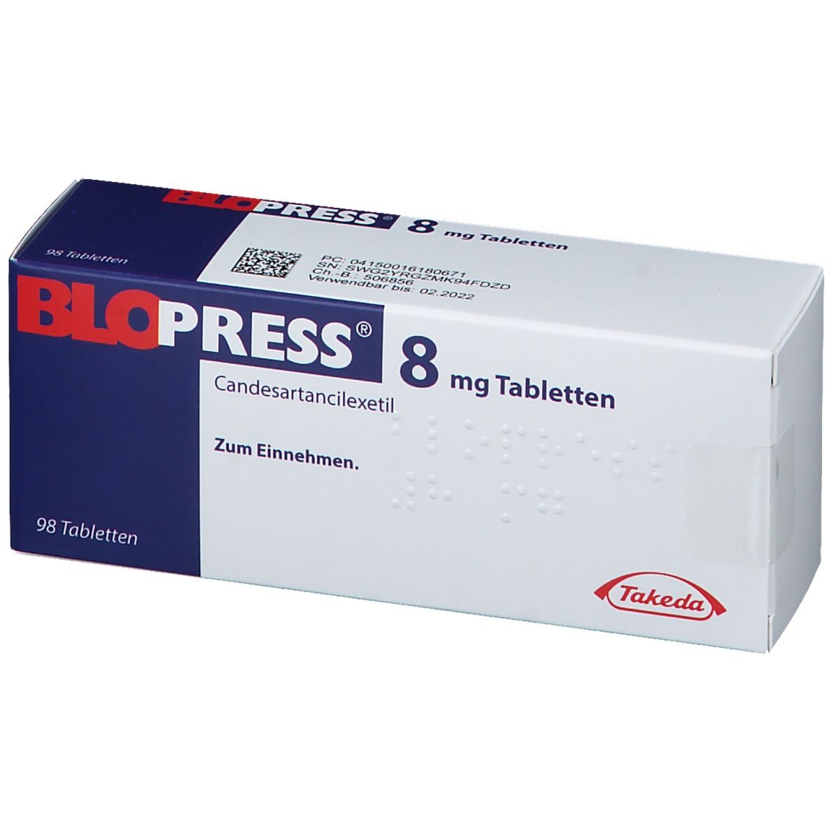 Schachtel BLOPRESS 8 mg Tabletten. Aufschrift: Candesartancilexetil, 98 Tabletten. Takeda Logo.