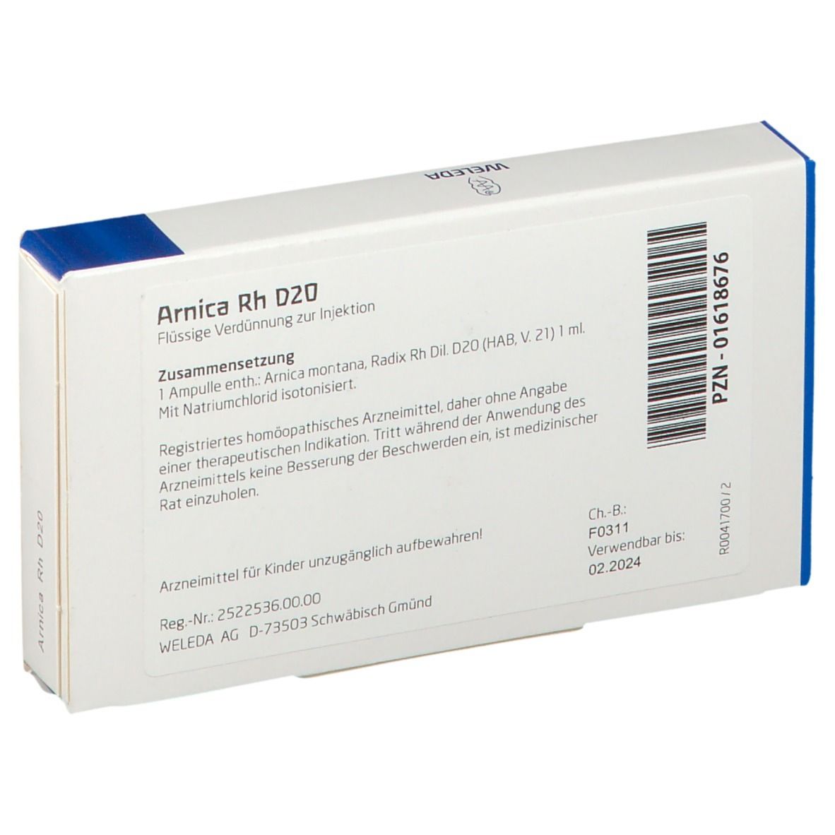 Rückseite der Weleda Arnica Rh D20 Verpackung. Weiße Schachtel mit blauen Akzenten und Text.