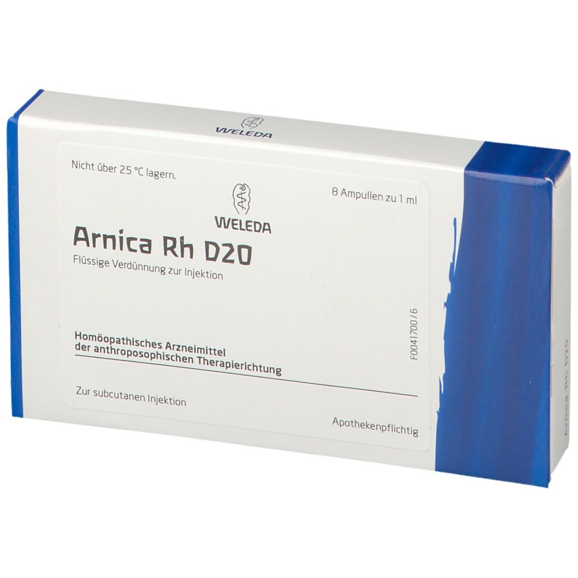 Weleda Arnica Rh D20, Packung mit 8 Ampullen. Weiße Schachtel mit blauen Akzenten und Produktinformationen.