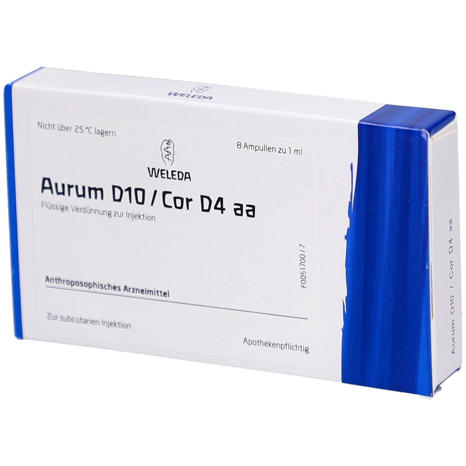 Weleda Aurum D10/Cor D4 aa Ampullen-Packung. Enthält 8 Ampullen. Weiß-blaue Verpackung mit Produktnamen und Logo.