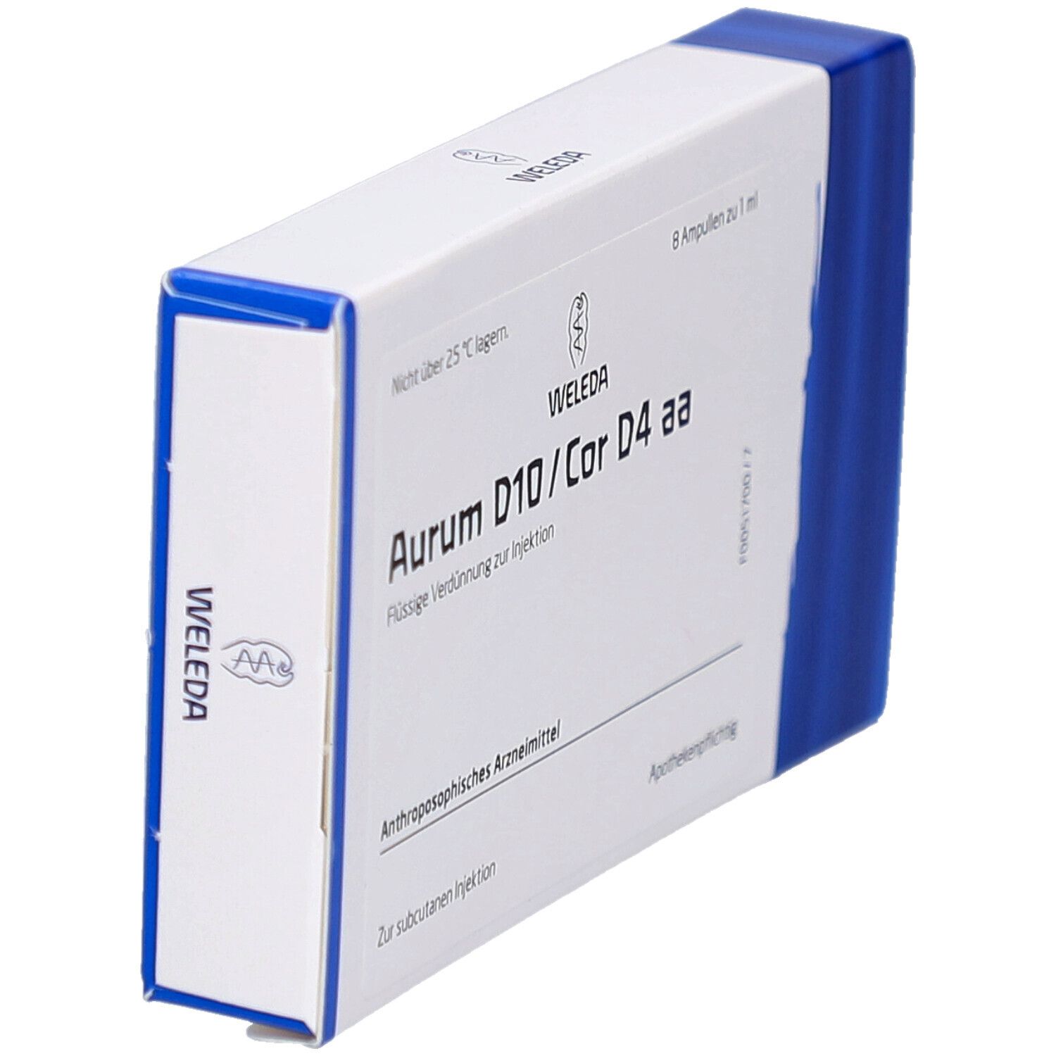 Weleda Aurum D10/Cor D4 aa Packung, schräg. Weiß-blaue Verpackung mit Produktnamen und Logo. 8 Ampullen.