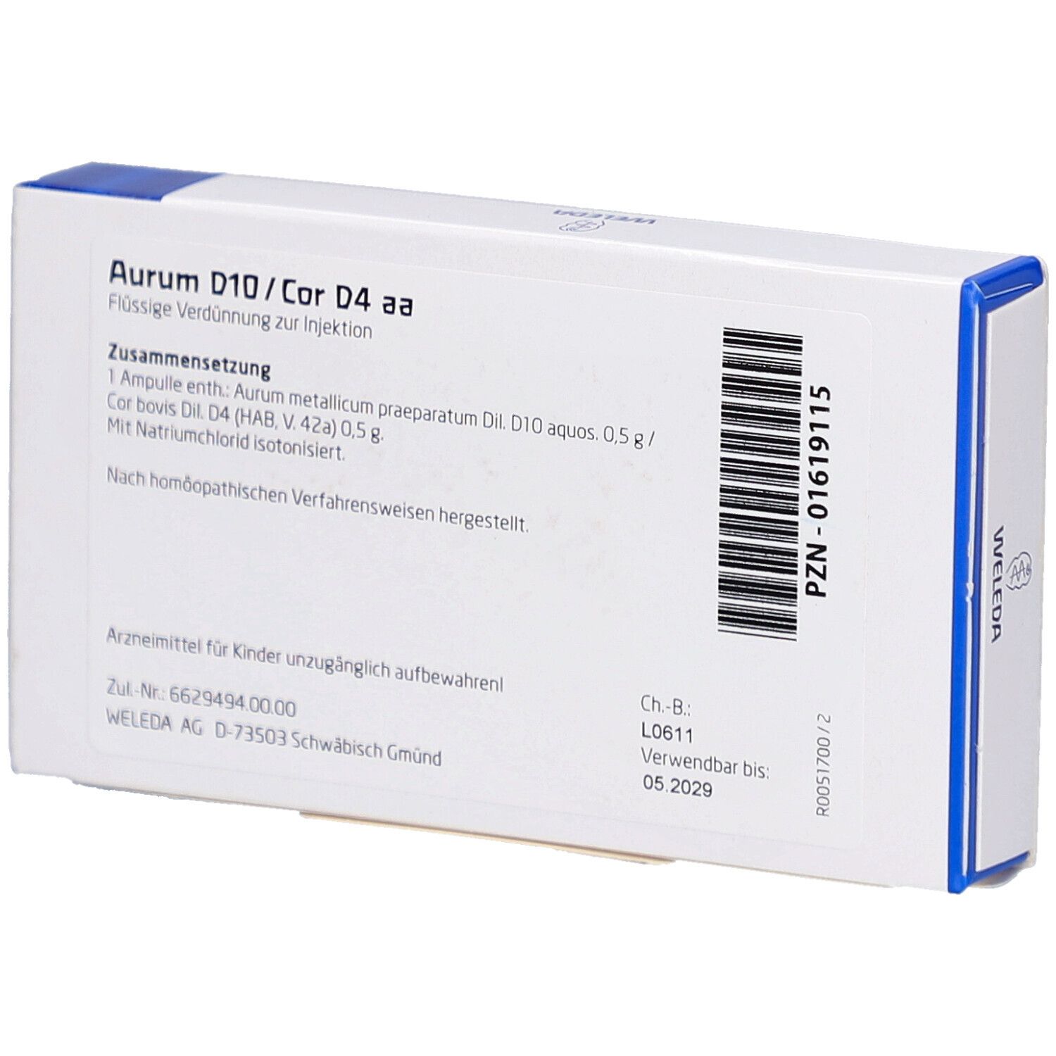 Rückseite der Weleda Aurum D10/Cor D4 aa Packung. Enthält Informationen zur Zusammensetzung und Hersteller.