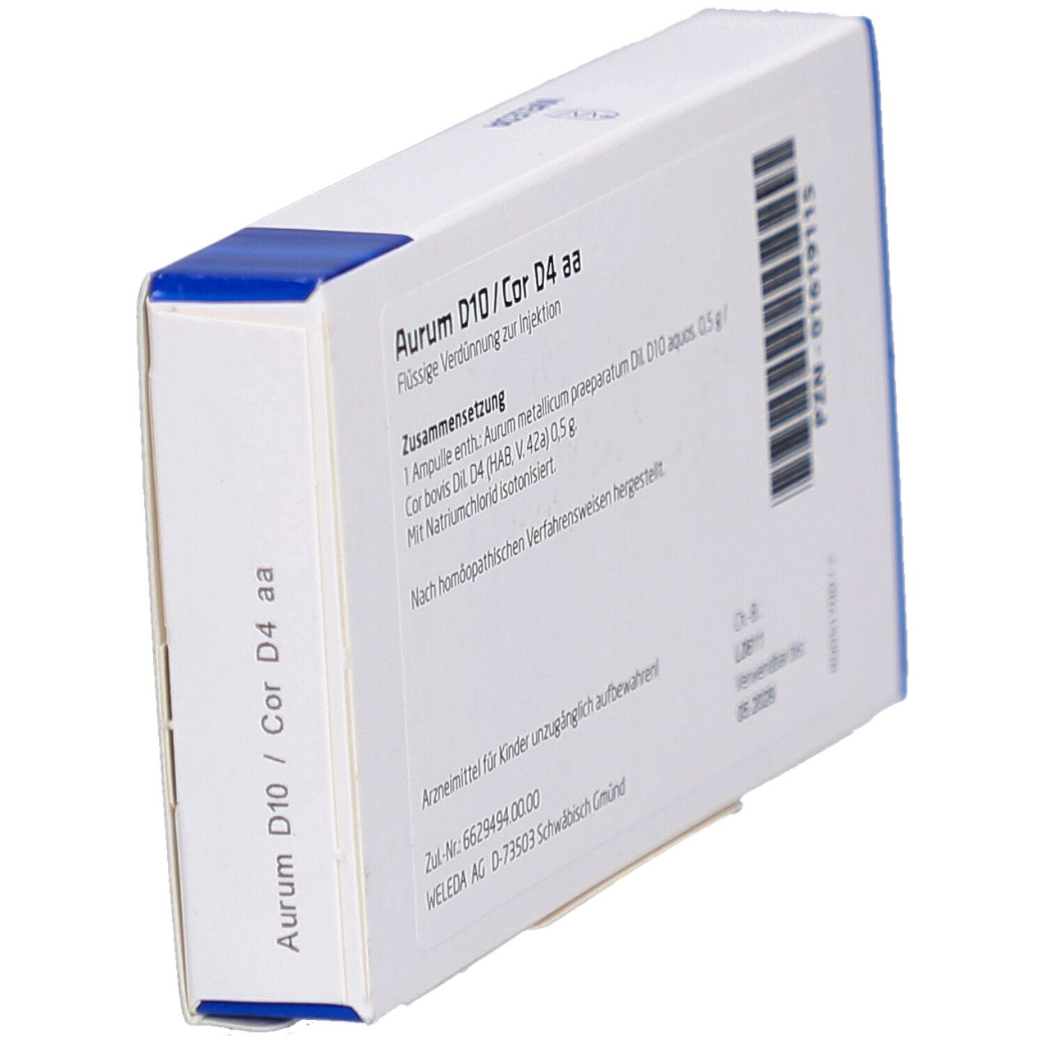 Weleda Aurum D10/Cor D4 aa Packung, schräg. Rückseite mit Informationen zur Zusammensetzung und Hersteller.