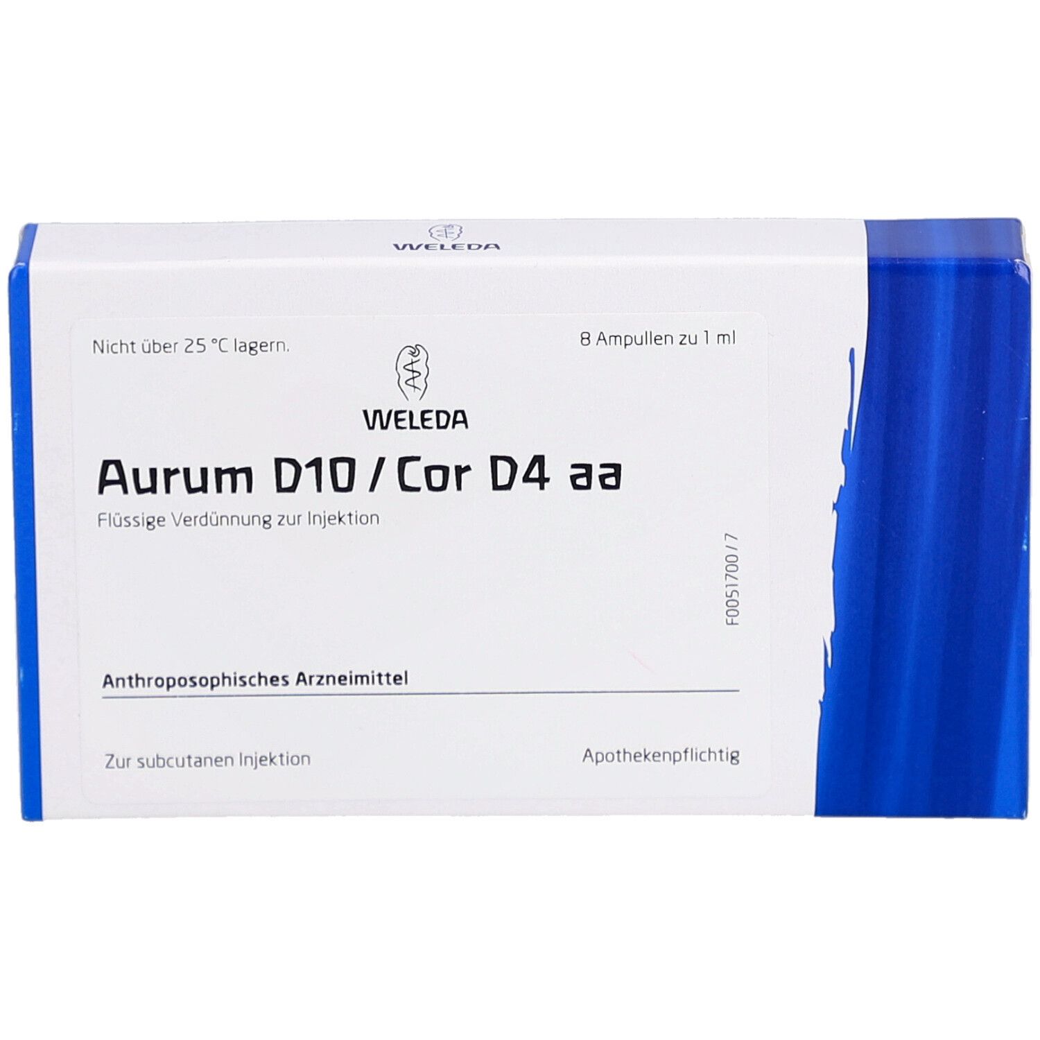 Weleda Aurum D10/Cor D4 aa Packung. Enthält 8 Ampullen. Weiß-blaue Verpackung mit Produktnamen und Logo.
