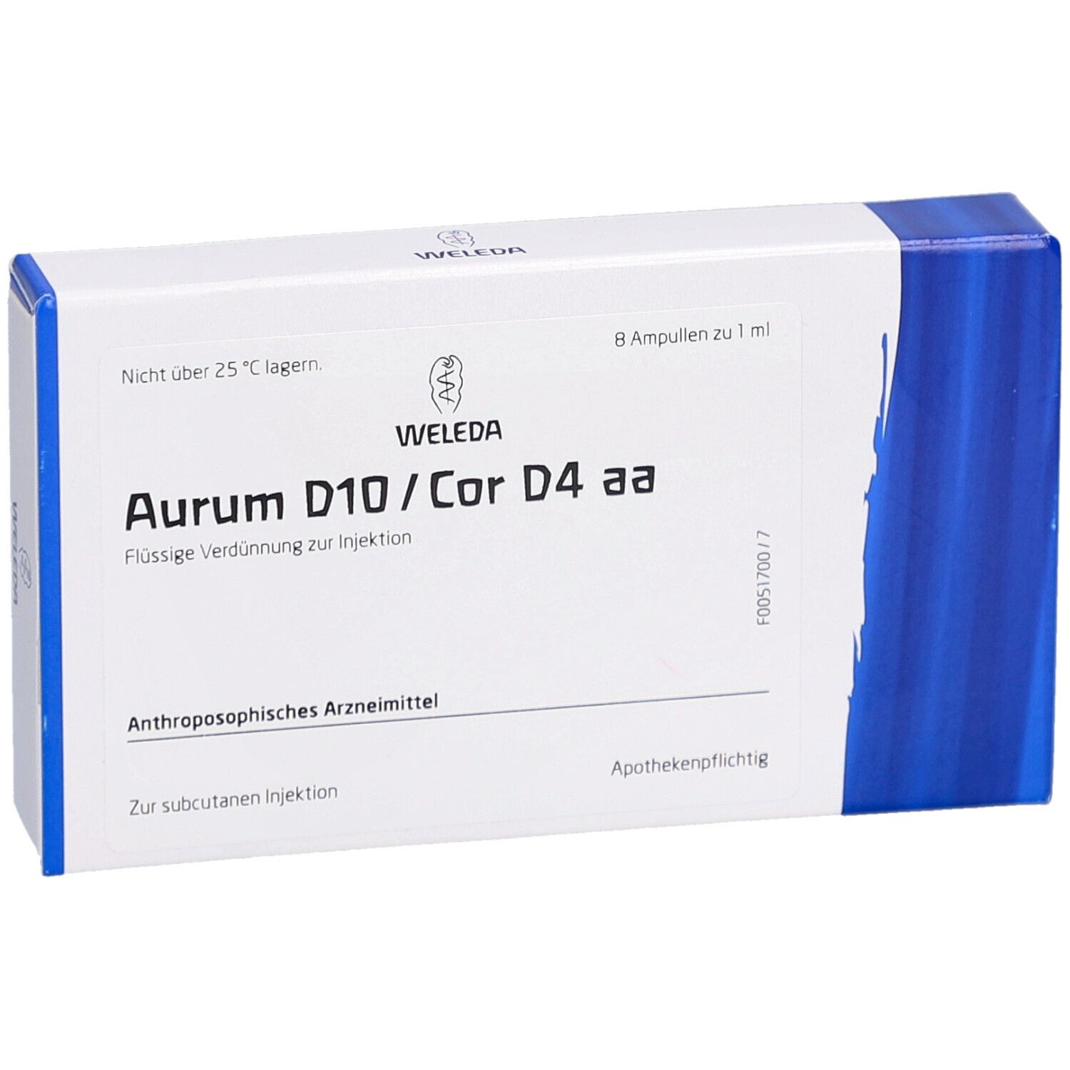 Weleda Aurum D10/Cor D4 aa Packung. Enthält 8 Ampullen. Weiß-blaue Verpackung mit Produktnamen und Logo.