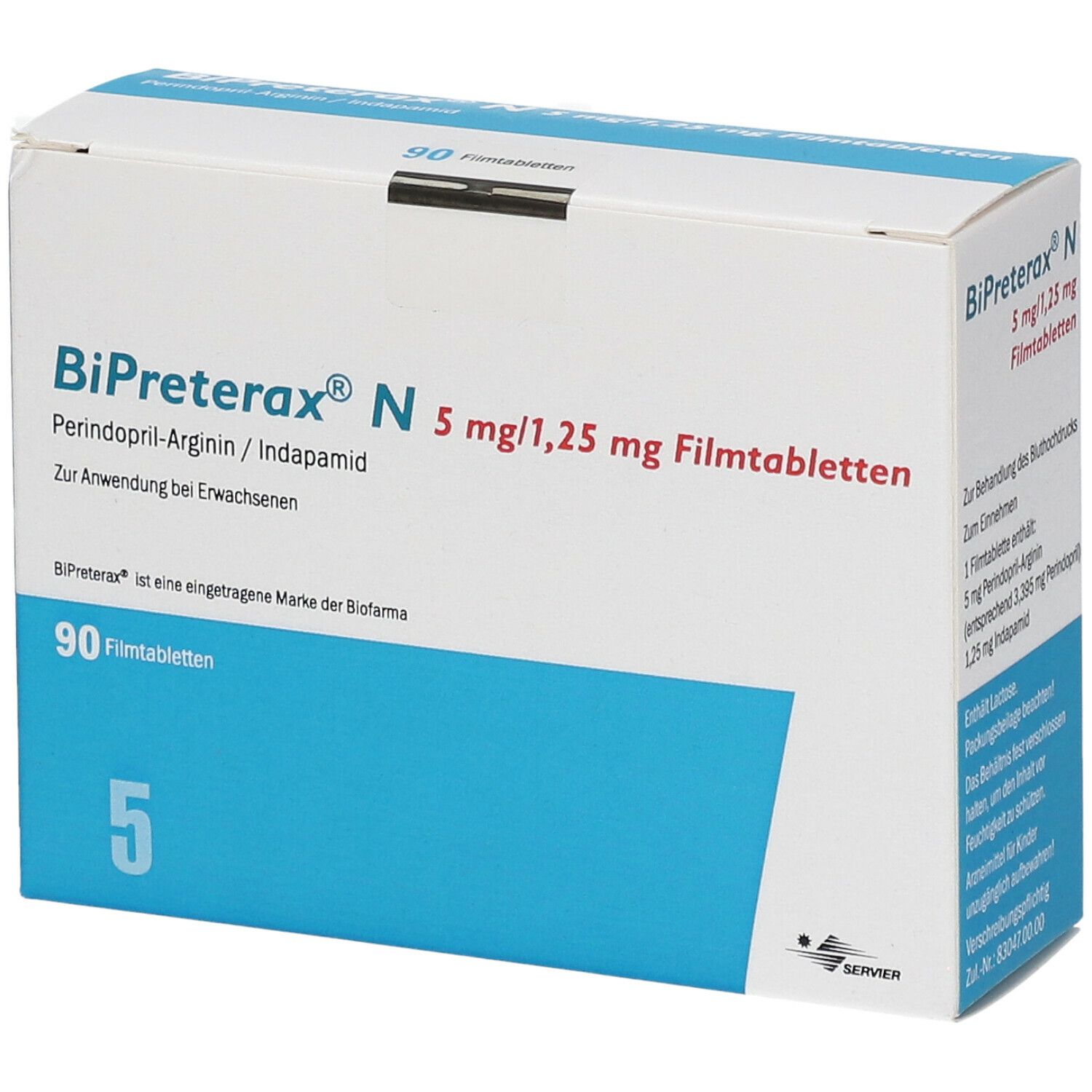 Schachtel mit Medikamenten. Aufschrift: BiPreterax N 5 mg/1,25 mg Filmtabletten. Enthält 90 Filmtabletten. Blaue und weiße Farbgebung.