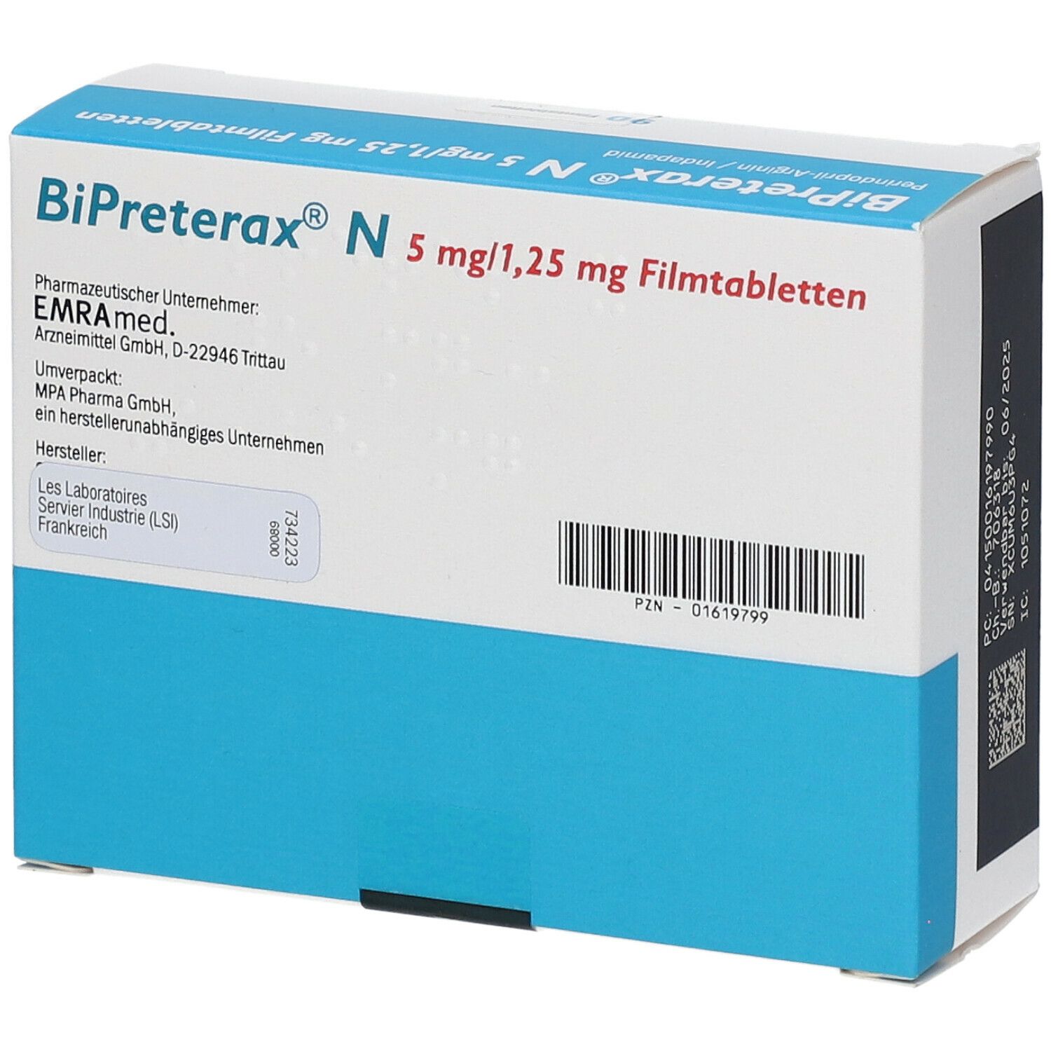 Medikamentenverpackung. Aufschrift: BiPreterax N 5 mg/1,25 mg Filmtabletten. Enthält 90 Filmtabletten. Mit Herstellerinformationen.