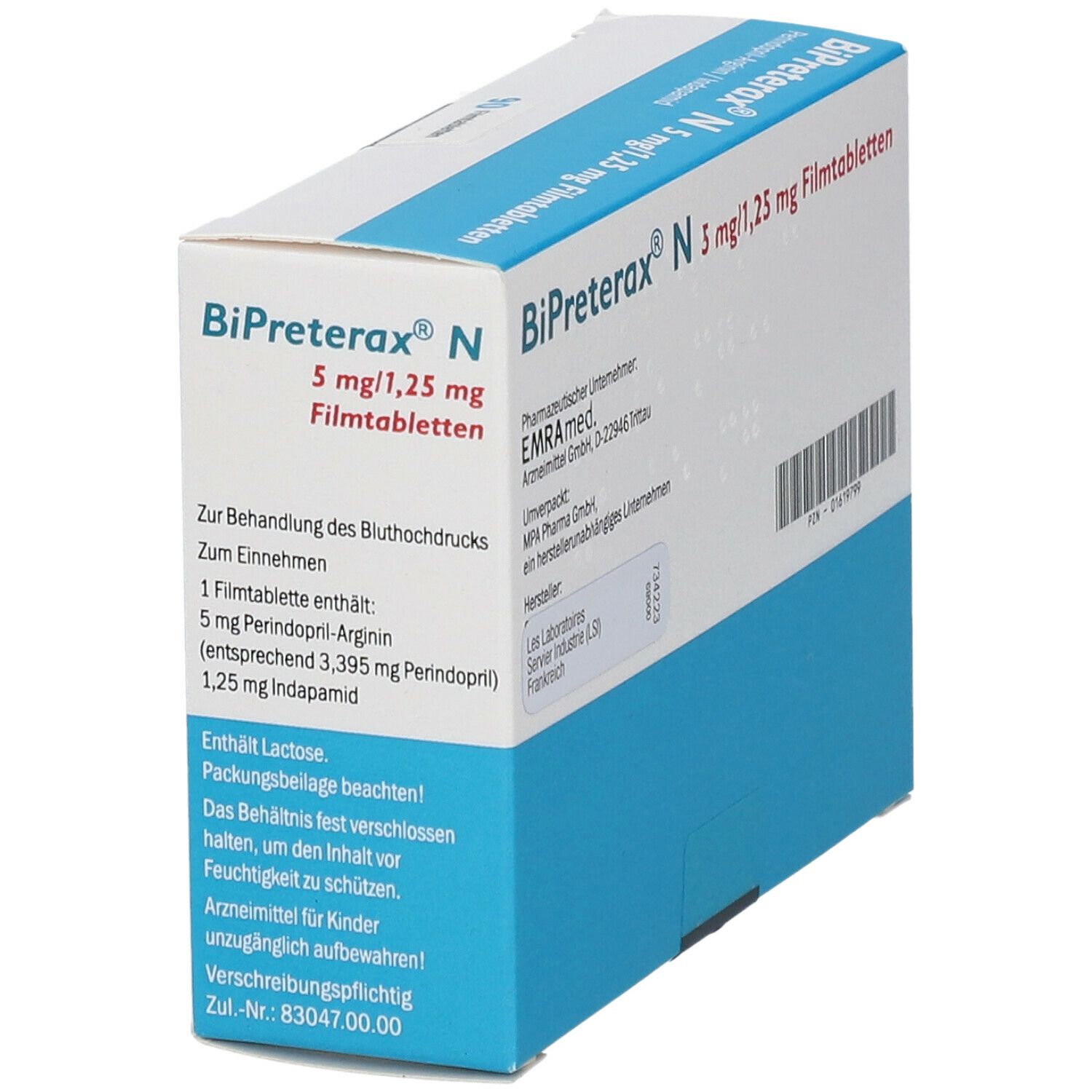 Medikamentenverpackung. Aufschrift: BiPreterax N 5 mg/1,25 mg Filmtabletten. Enthält 90 Filmtabletten. Mit Produktinformationen.