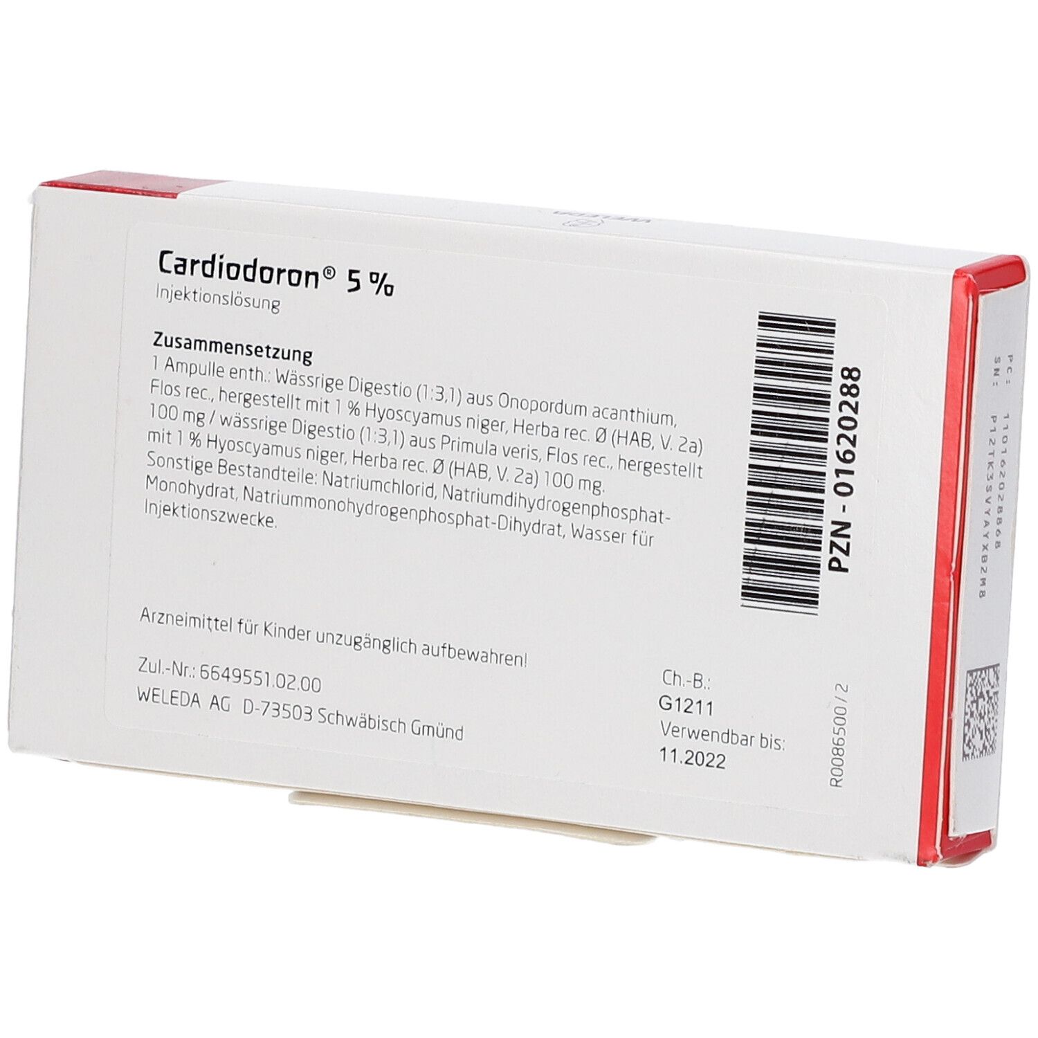 Rückseite der "Cardiodoron® 5%"-Verpackung. Inhaltsstoffe, Chargennummer, Herstelleradresse und Verfallsdatum.