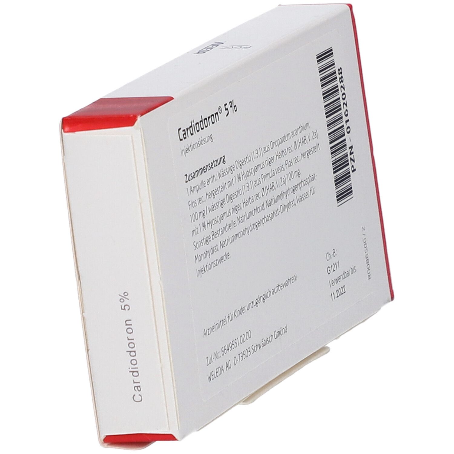 Schräg gestellte Verpackung "Cardiodoron® 5%". Rückseite mit Inhaltsstoffen und Chargennummer.