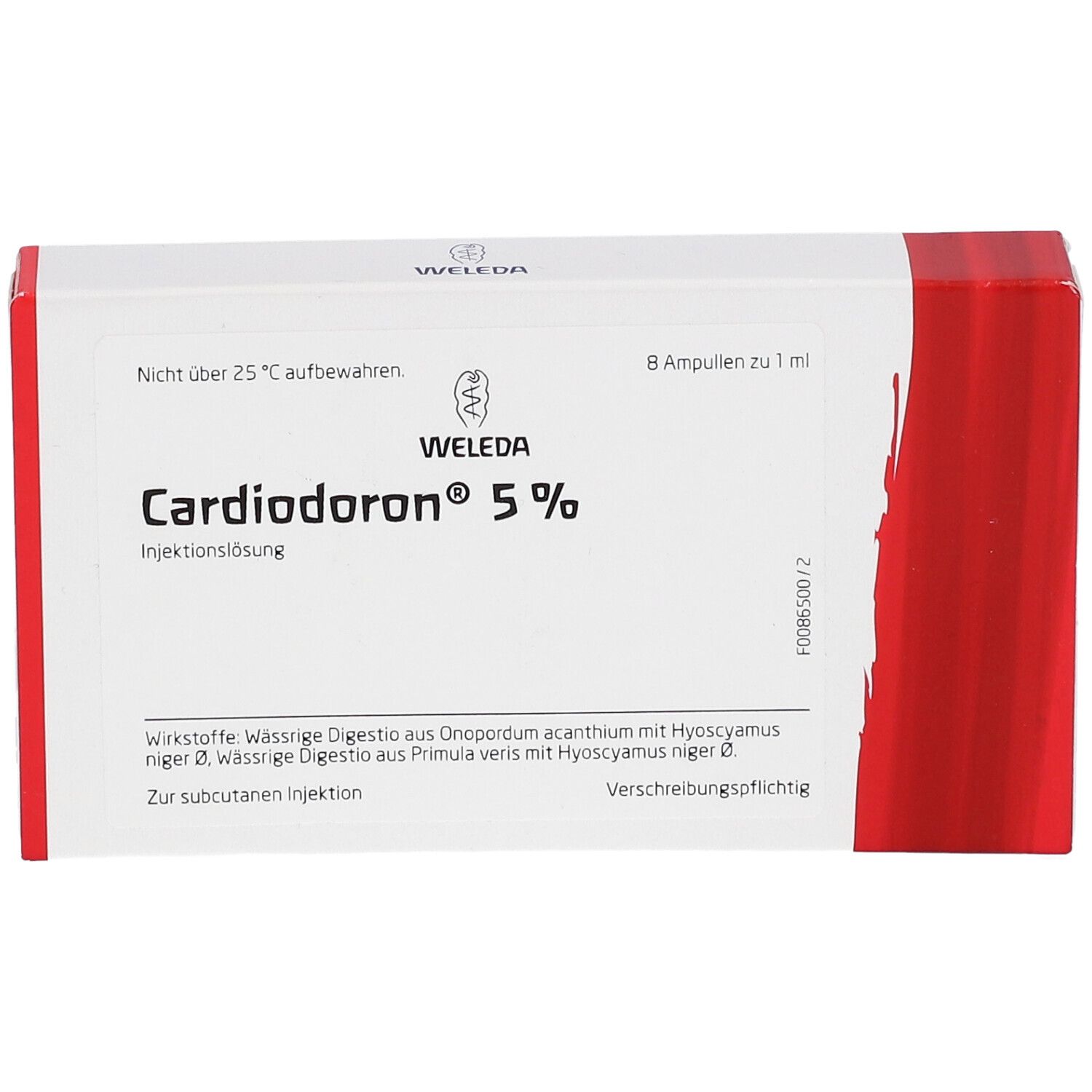 Karton "Cardiodoron® 5%". Enthält 8 Ampullen. "WELEDA"-Logo. Text über Inhaltsstoffe und Anwendung.