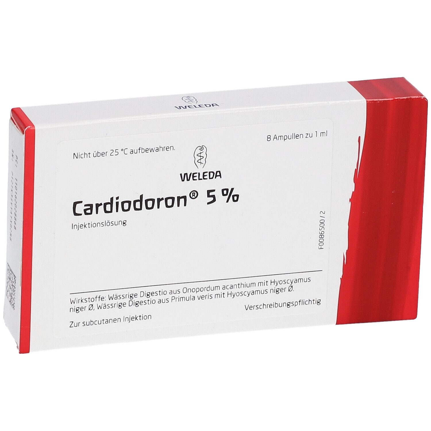Karton "Cardiodoron® 5%". Enthält 8 Ampullen. "WELEDA"-Logo. Text über Inhaltsstoffe und Anwendung.