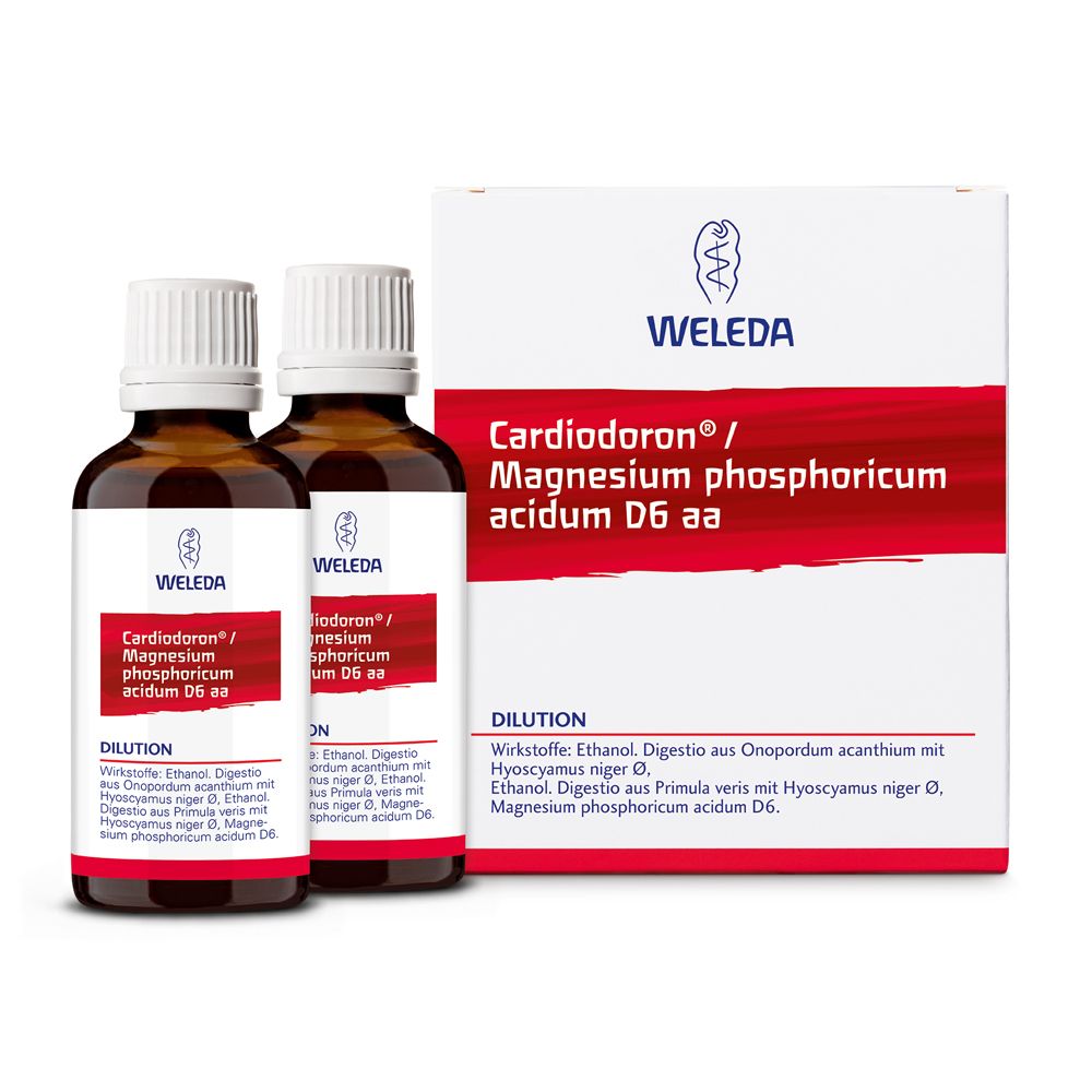 Zwei braune Glasflaschen mit weißem Deckel und Etikett, daneben eine Schachtel. Aufschrift: Cardiodoron® / Magnesium phosphoricum acidum D6 aa.