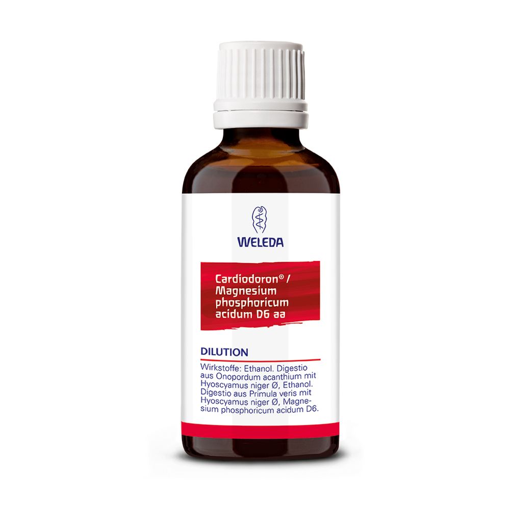 Braune Glasflasche mit weißem Deckel und Etikett. Aufschrift: Cardiodoron® / Magnesium phosphoricum acidum D6 aa. Marke: WELEDA.