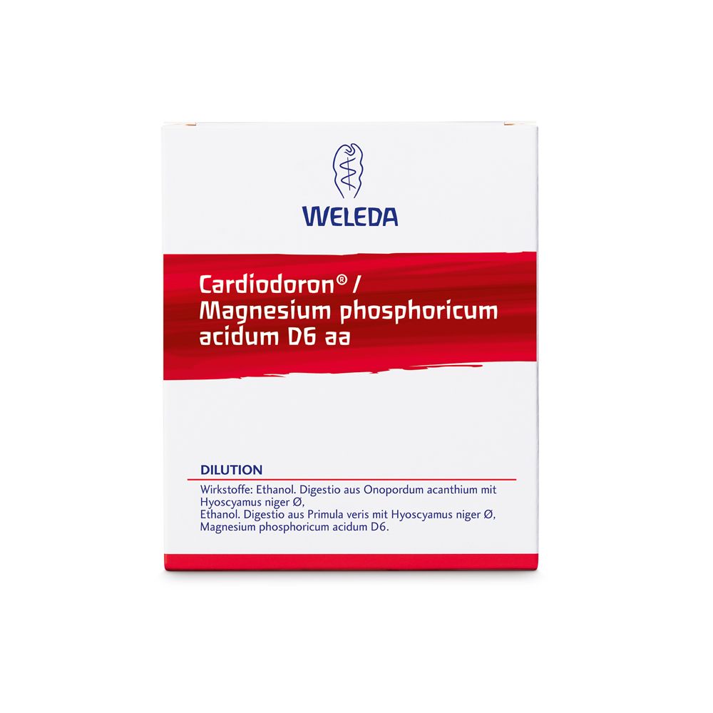 Weiße Schachtel mit rotem Streifen und Aufschrift: Cardiodoron® / Magnesium phosphoricum acidum D6 aa. Marke: WELEDA.
