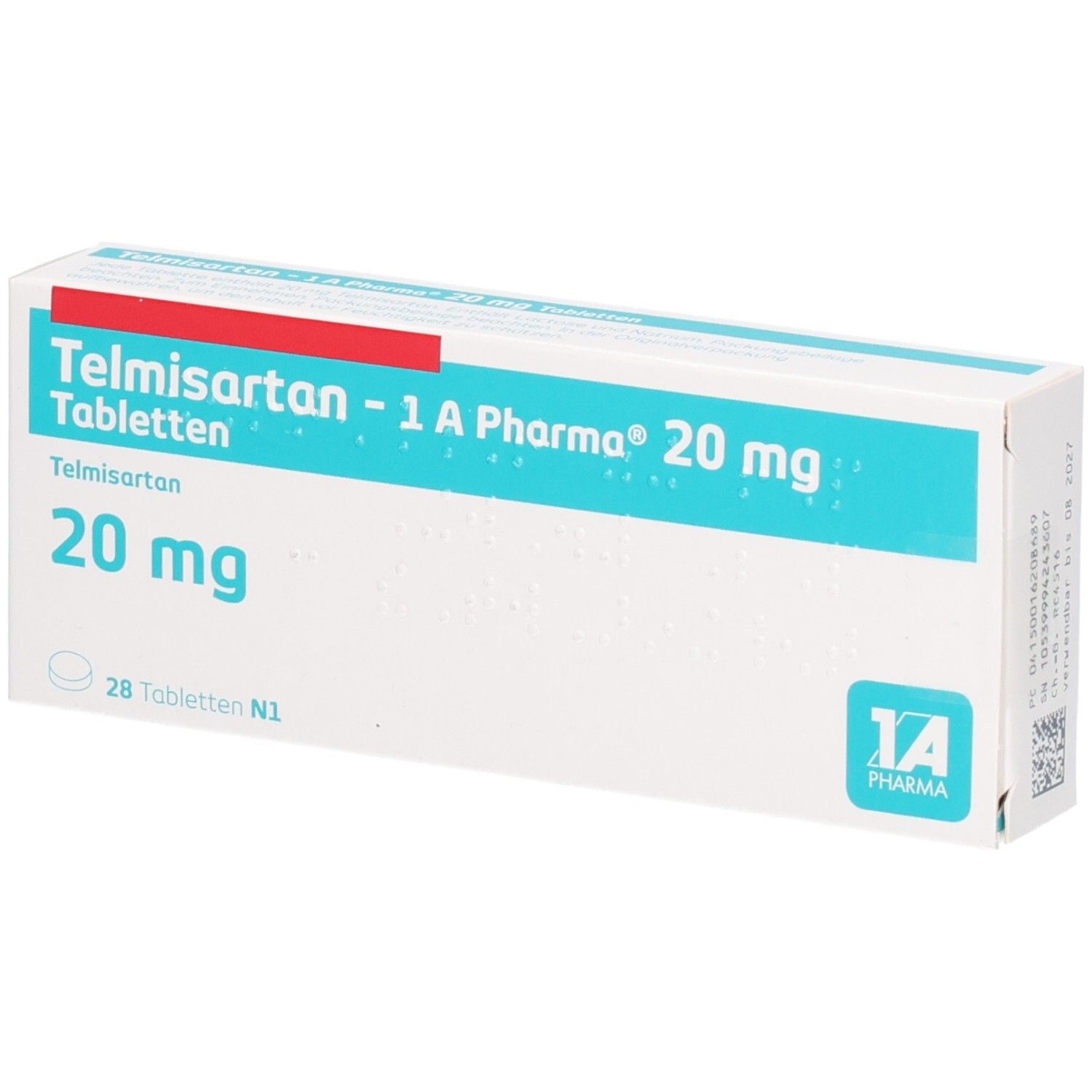 Packung Telmisartan 1A Pharma 20 mg Tabletten, 28 Stück.