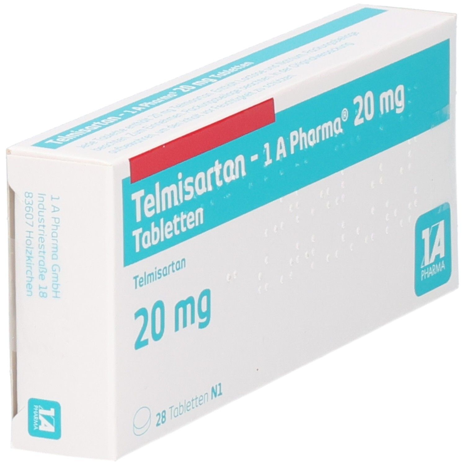 Packung Telmisartan 1A Pharma 20 mg Tabletten, 28 Stück, mit Seitenansicht.