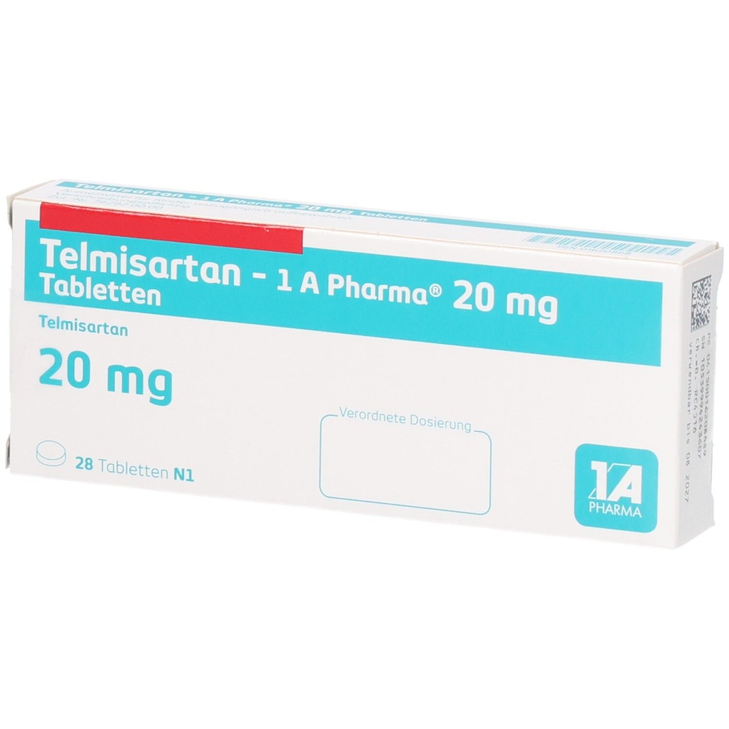 Packung Telmisartan 1A Pharma 20 mg Tabletten, 28 Stück, mit Beschriftungsfeld.