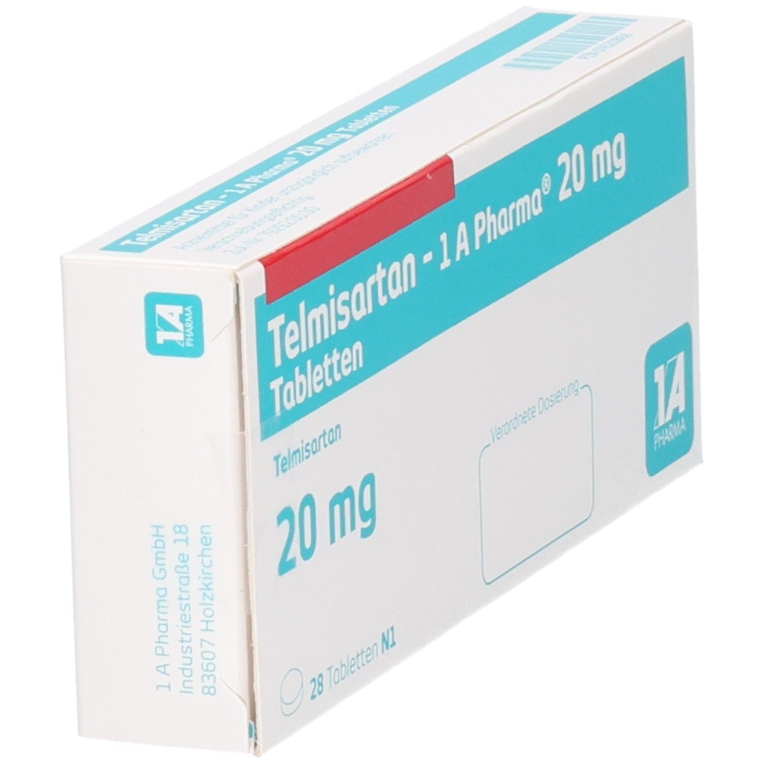 Packung Telmisartan 1A Pharma 20 mg Tabletten, 28 Stück, schräg von vorne.