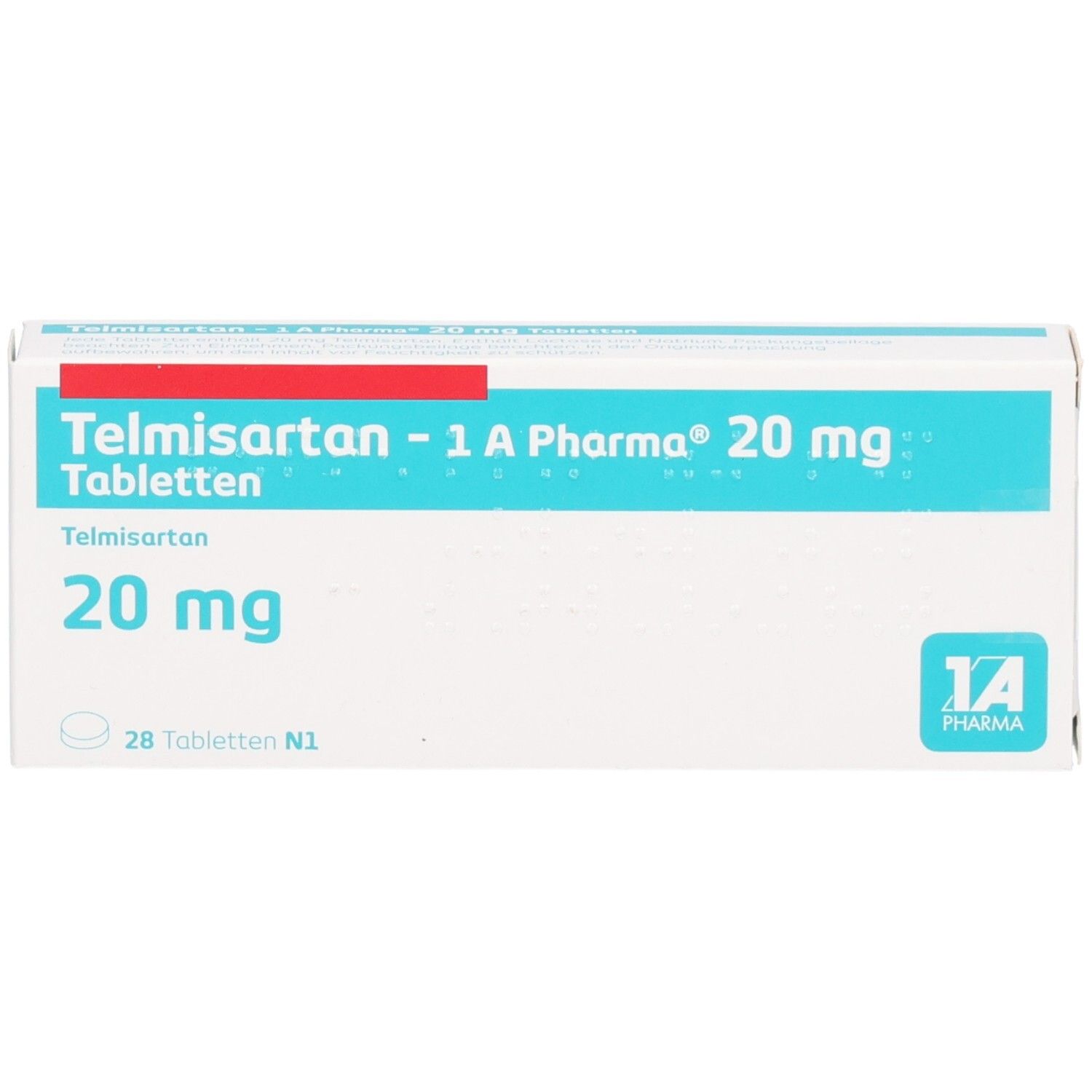 Packung Telmisartan 1A Pharma 20 mg Tabletten, 28 Stück, Vorderansicht.