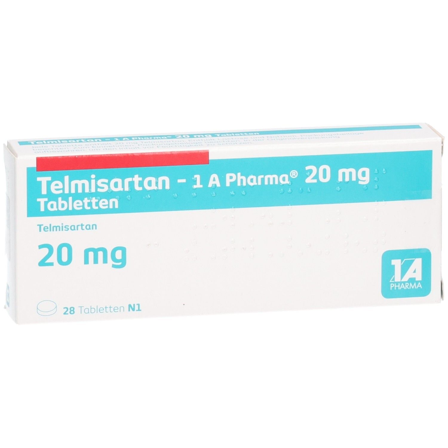 Packung Telmisartan 1A Pharma 20 mg Tabletten, 28 Stück, leicht schräg.