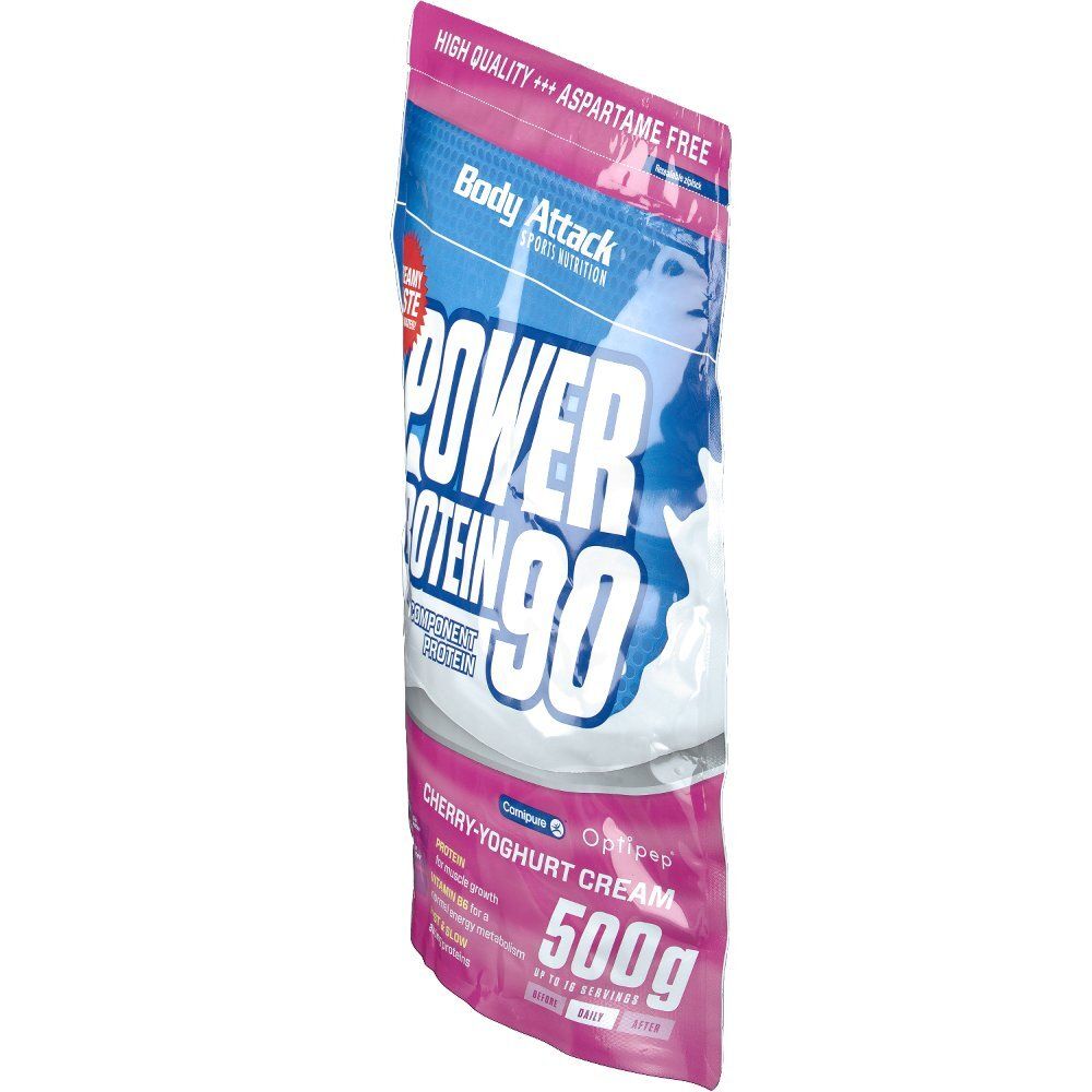 Body Attack Power Protein 90 Beutel, Kirsch-Joghurt-Creme. Pink-blaues Design. Haupttext: Power Protein 90. 500g. Aspartam-frei.