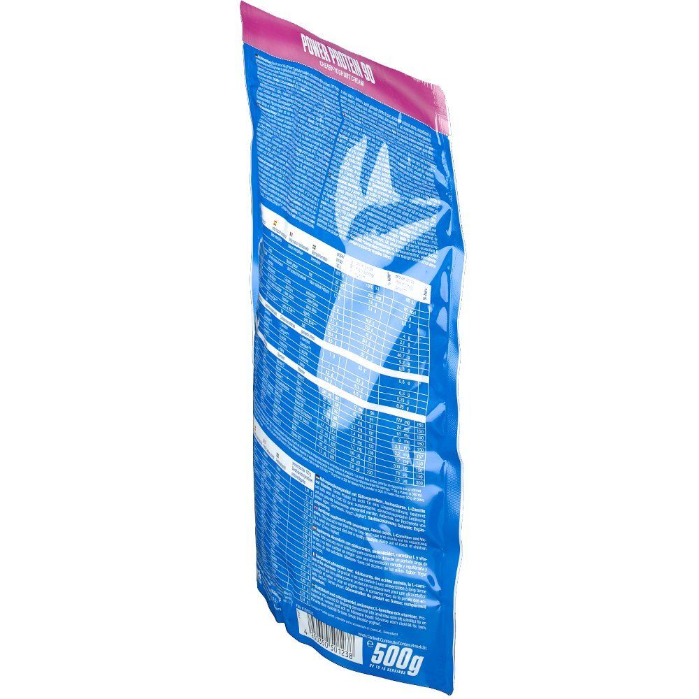Body Attack Power Protein 90 Beutel, Rückseite. Haupttext: Power Protein 90. Pink-blaues Design. 500g.