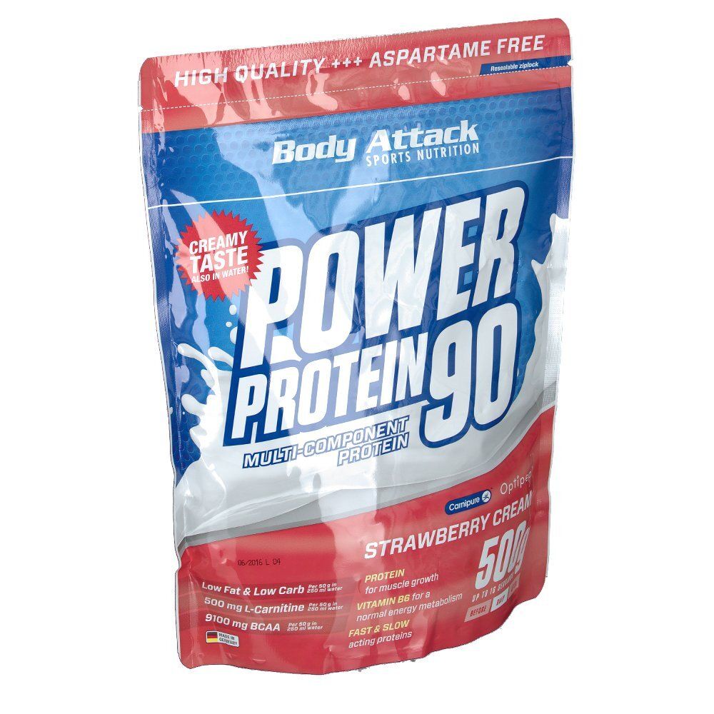 Beutel mit Body Attack Power Protein 90 Erdbeer-Sahne. Haupttext: Power Protein 90. 500g. Aspartamfrei. Cremiger Geschmack. Low Fat & Low Carb.