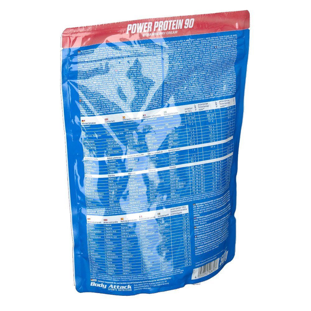 Rückseite des Beutels Body Attack Power Protein 90. Blaue Oberfläche mit weißen Texten und Tabellen. Haupttext: Power Protein 90. 500g.
