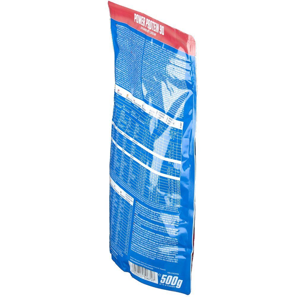 Schrägansicht der Rückseite des Beutels Body Attack Power Protein 90. Blaue Oberfläche mit weißen Texten und Tabellen. 500g.