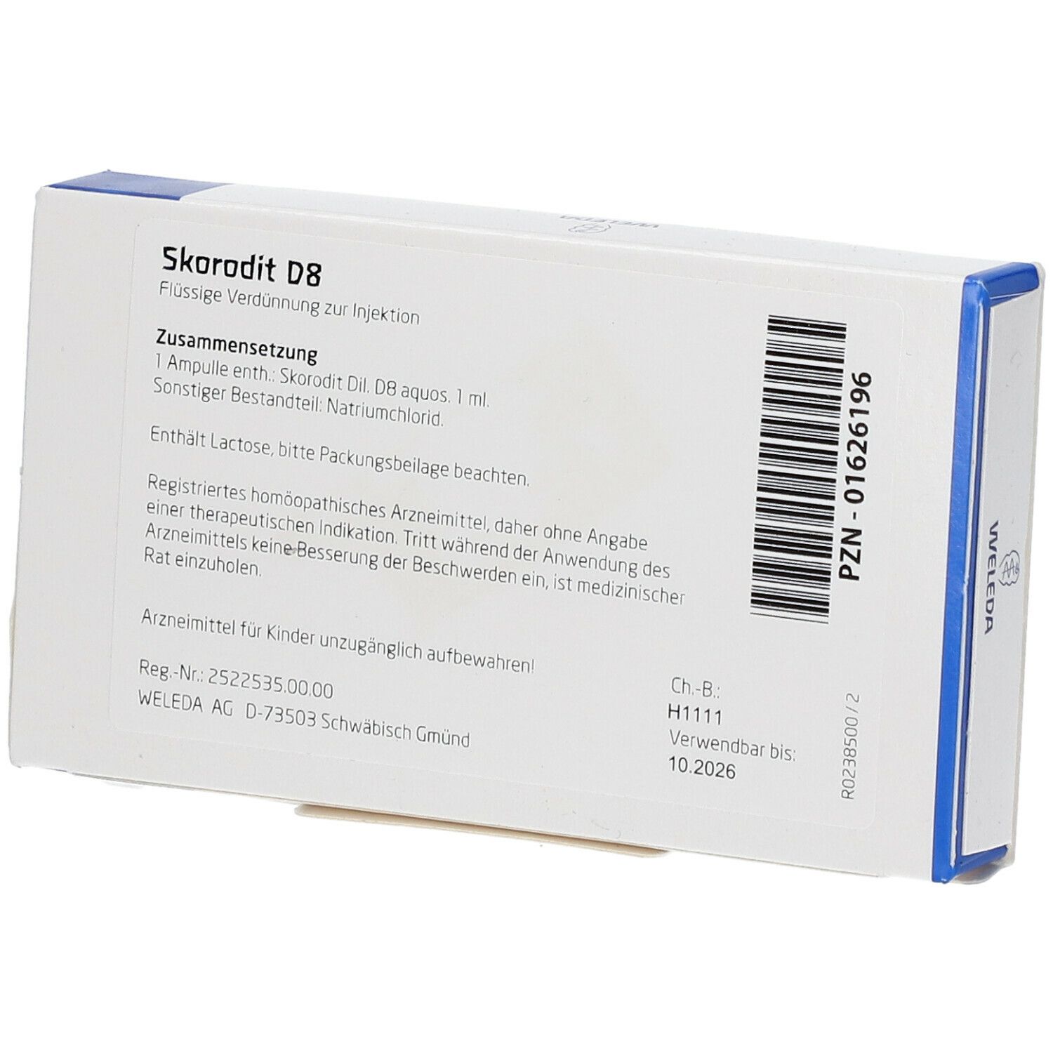 Rückseite der Skorodit D8 Schachtel. Text: Zusammensetzung, Chargennummer, Verfallsdatum. Weleda Logo und PZN-Nummer.