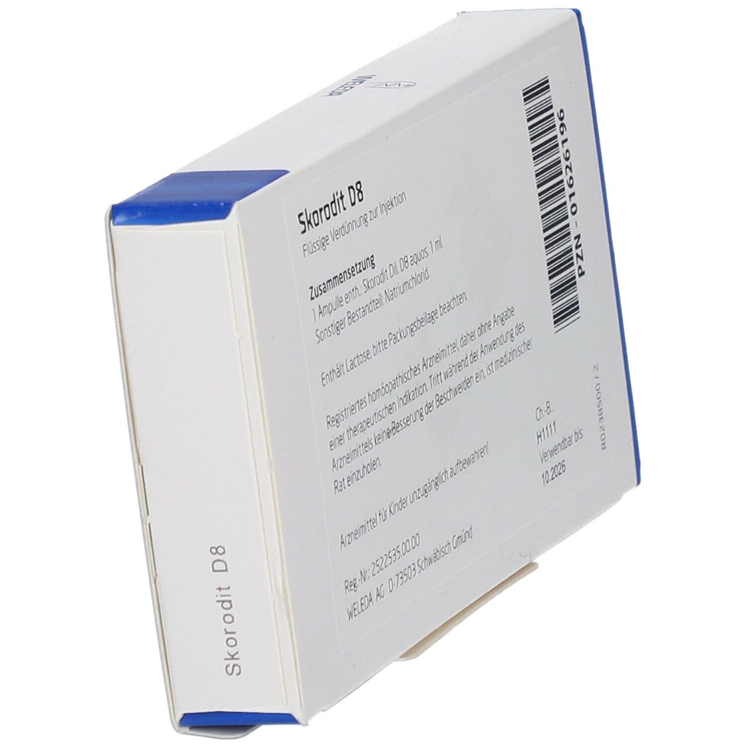 Skorodit D8 Schachtel, Rückseite. Text: Zusammensetzung, Chargennummer, Verfallsdatum. Weleda Logo und PZN-Nummer.