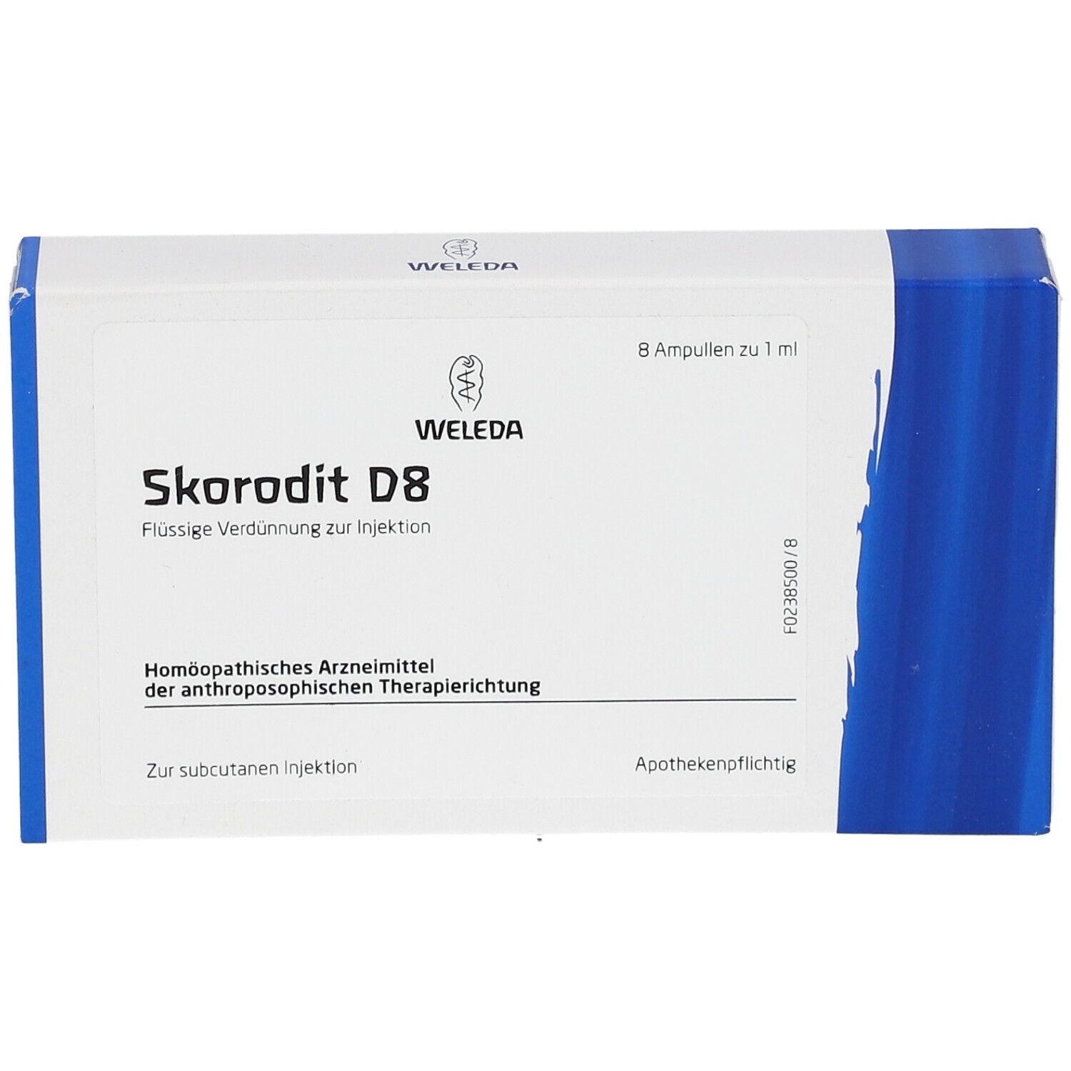 Weleda Skorodit D8, 8 Ampullen in weißer Schachtel mit blauen Akzenten. Text: Flüssige Verdünnung zur Injektion.