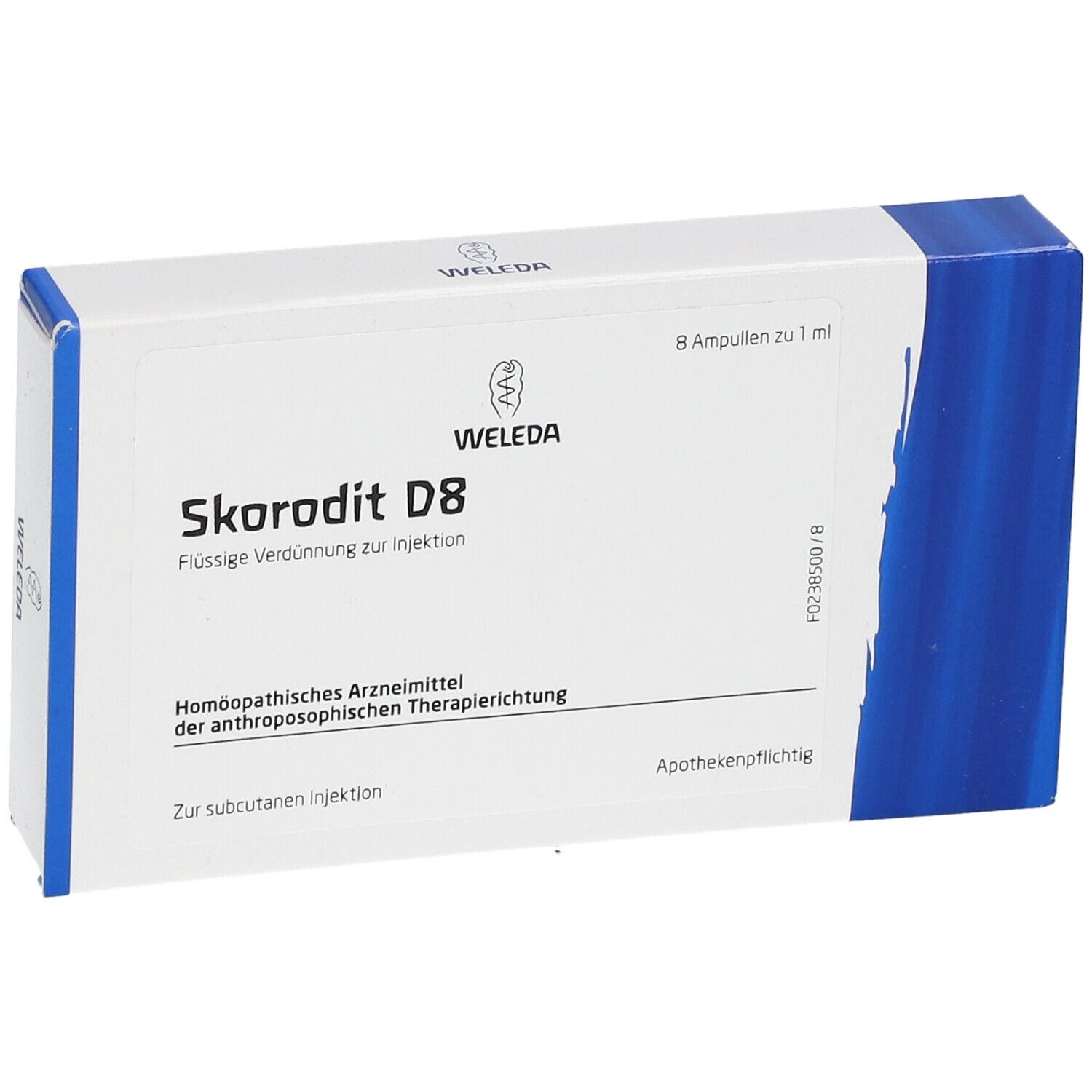 Weleda Skorodit D8, 8 Ampullen in weißer Schachtel mit blauen Akzenten. Text: Flüssige Verdünnung zur Injektion.