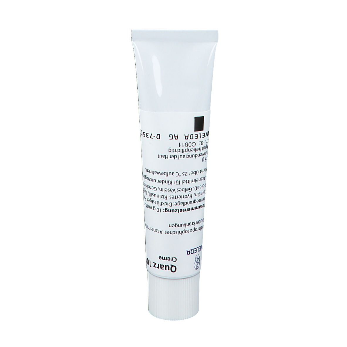 Weiße Tube mit Aufschrift Weleda Quarz 10 % Creme. Schwarzer Block mit Text. Weißer Schraubverschluss.