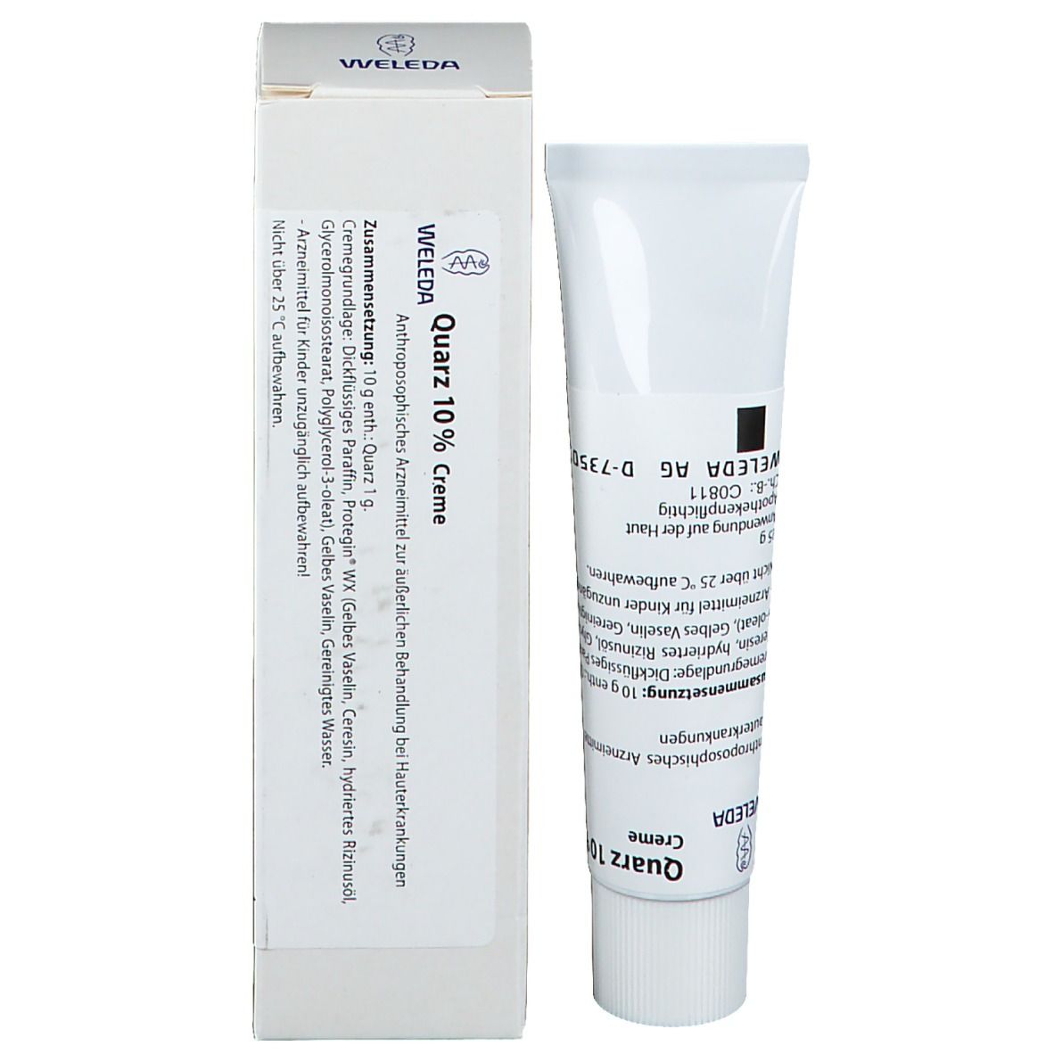 Weleda Quarz 10 % Creme Tube und Karton. Karton mit Text und Inhaltsstoffen. Tube daneben.