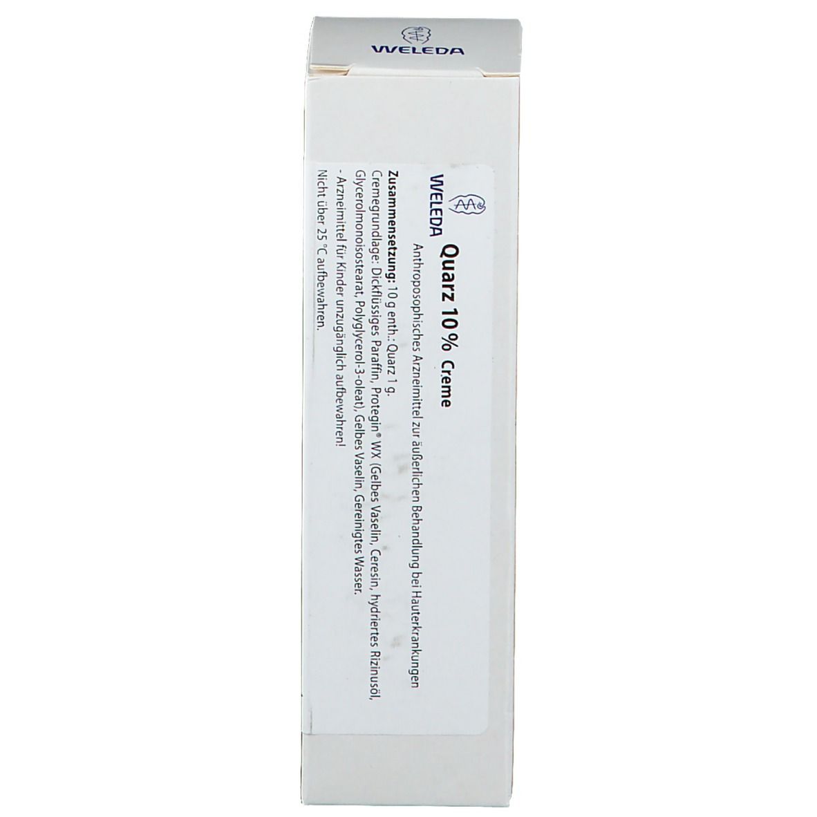 Karton mit Text: Weleda Quarz 10 % Creme. Inhaltsstoffe und weitere Informationen. Grauer Deckel.