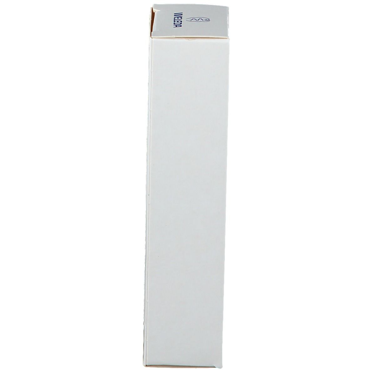 Lange, schmale, weiße Kartonverpackung. Grauer Deckel mit Weleda-Logo. Roter Streifen.