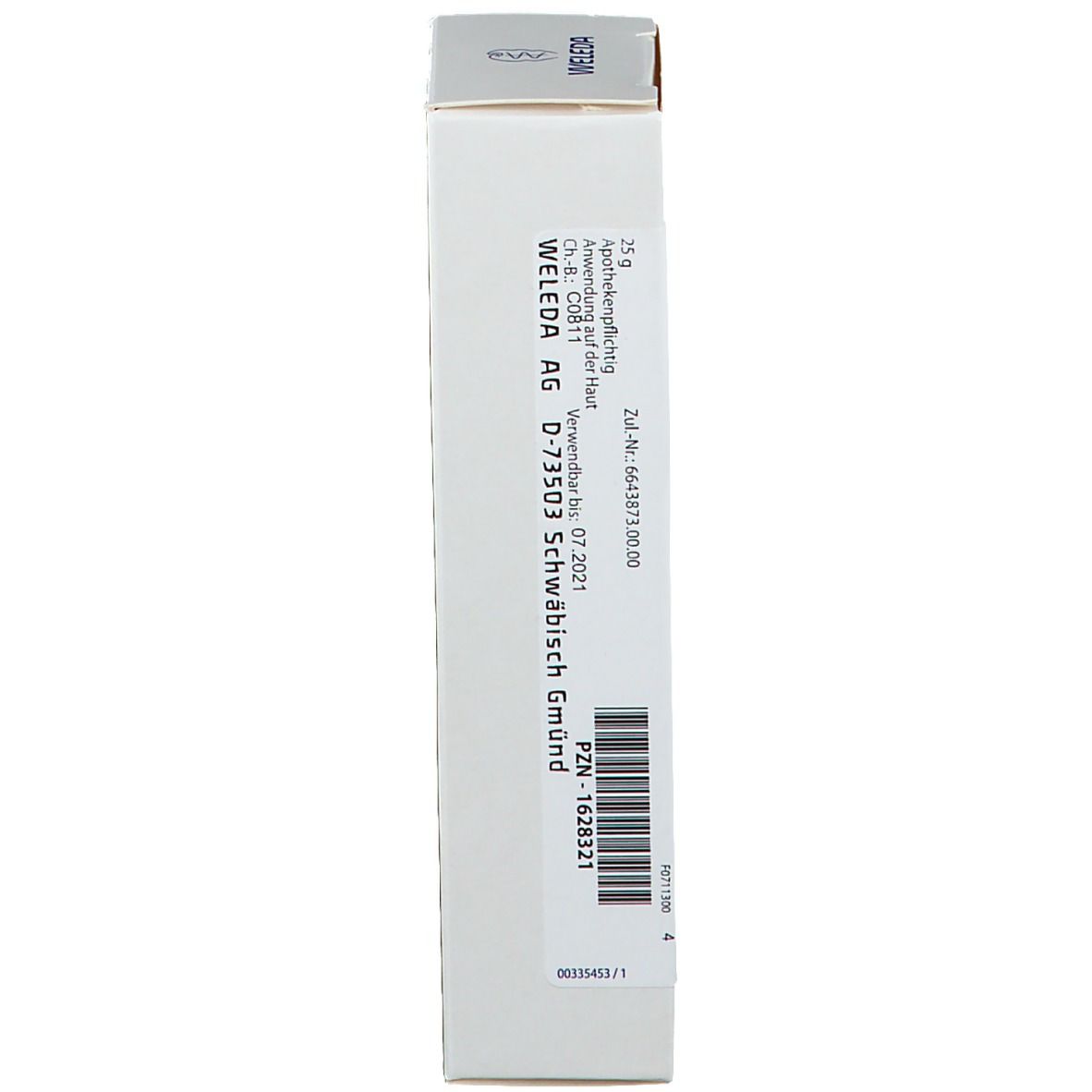 Karton mit Text. Aufschrift: Weleda AG. Barcode und weitere Informationen. Grauer Deckel.