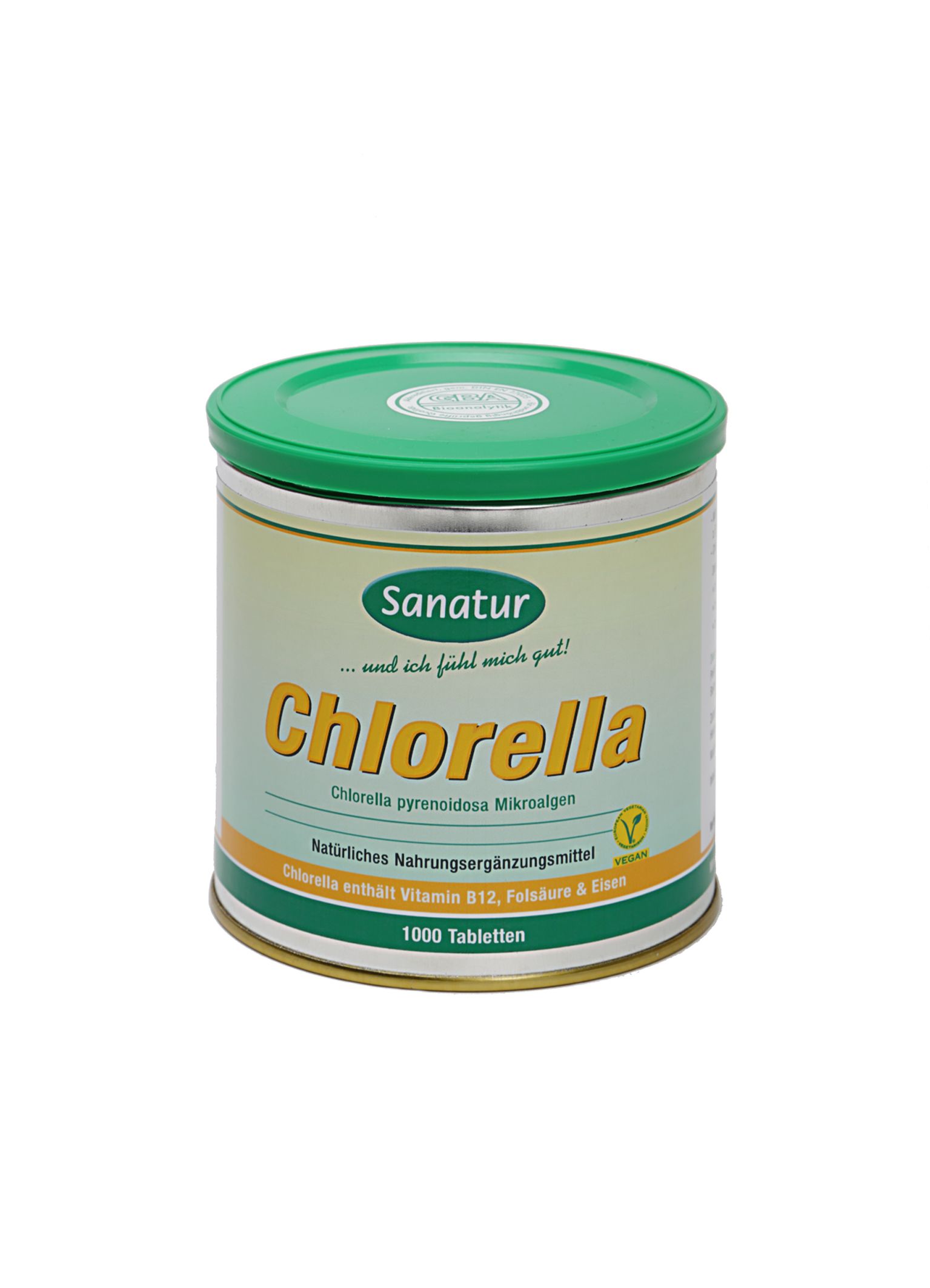 Runde Dose mit grünem Deckel. Aufschrift: Sanatur Chlorella, 1000 Tabletten. Vegan-Siegel.