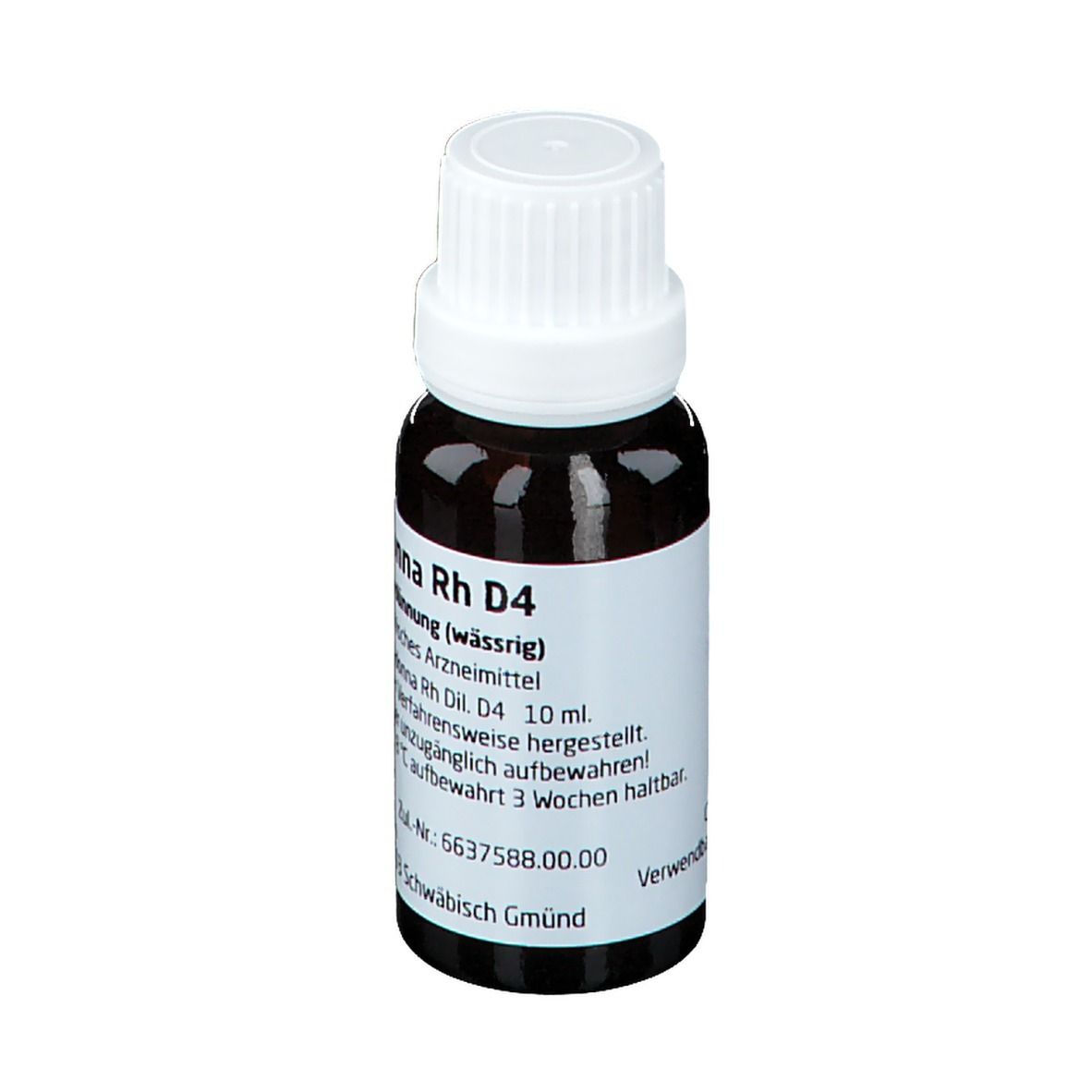 Braune Glasflasche mit weißem Verschluss. Beschriftung: Belladonna Rh D4, Flüssige Verdünnung (wässrig).