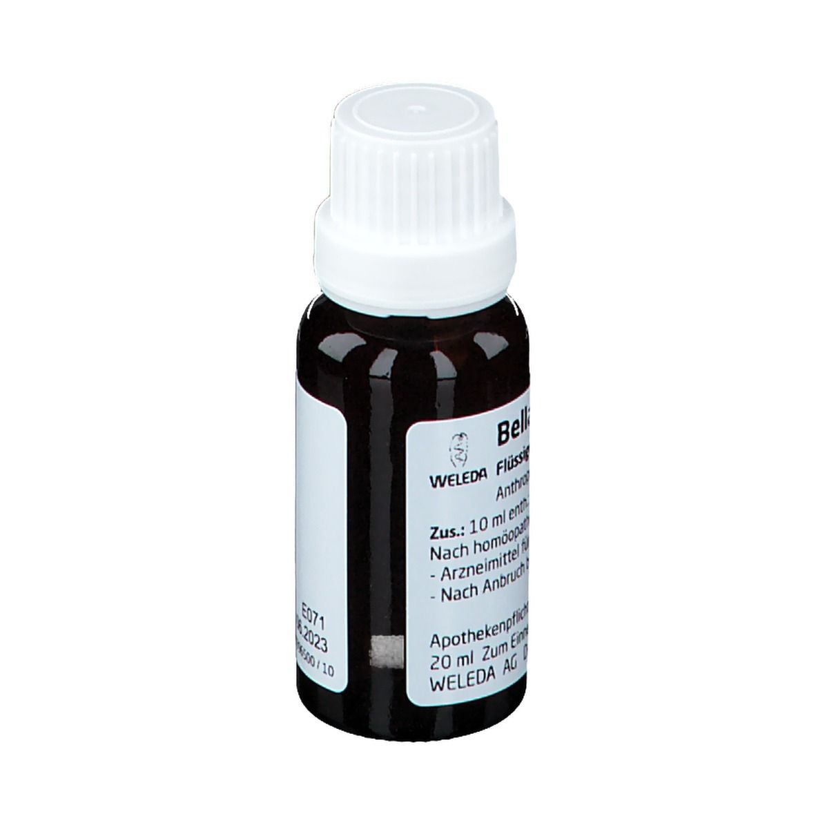 Braune Glasflasche mit weißem Verschluss. Beschriftung: Weleda, Belladonna, Flüssige Verdünnung.