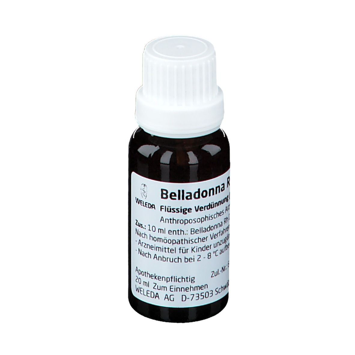 Braune Glasflasche mit weißem Verschluss. Beschriftung: Belladonna Rh D4, Flüssige Verdünnung, Weleda.