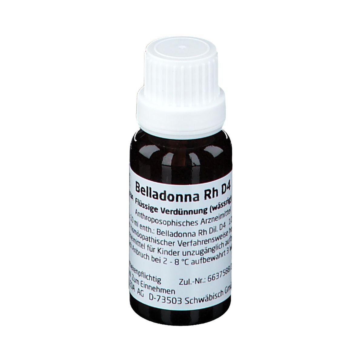 Braune Glasflasche mit weißem Verschluss. Beschriftung: Belladonna Rh D4, Flüssige Verdünnung (wässrig).