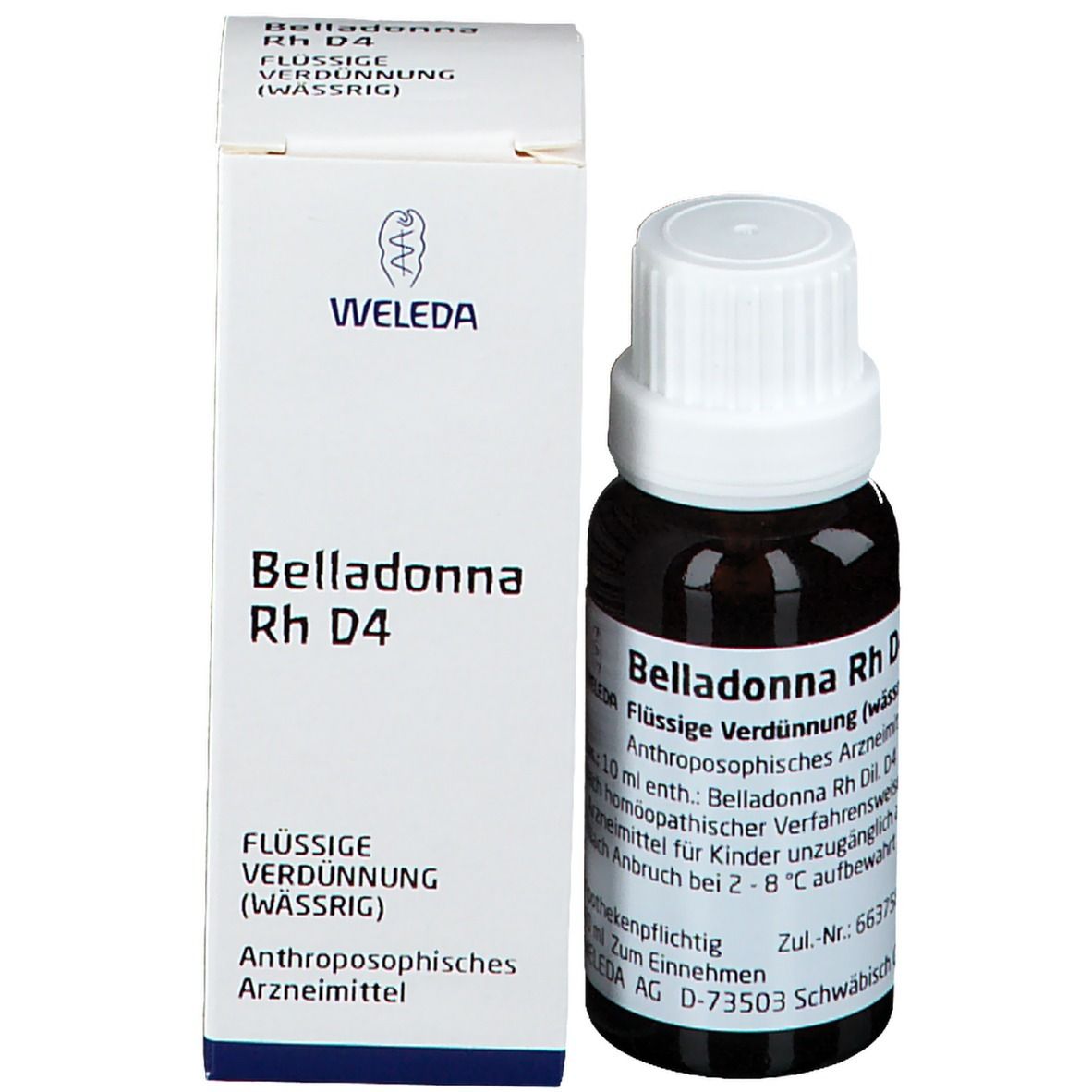 Braune Glasflasche mit weißem Verschluss neben weißem Karton. Beschriftung: Weleda, Belladonna Rh D4.